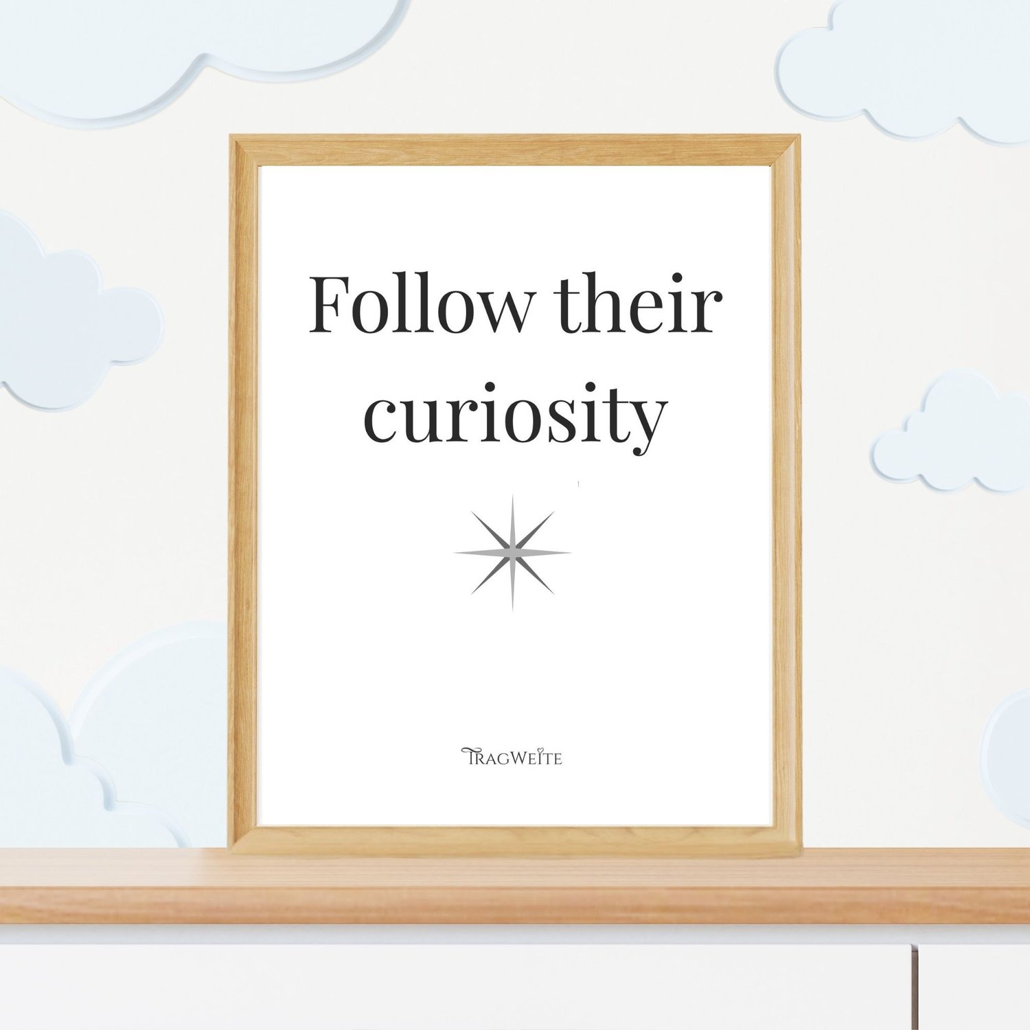 Poster "Follow Their Curiosity" black and white in kids room – ink-saving printable for conscious parents
