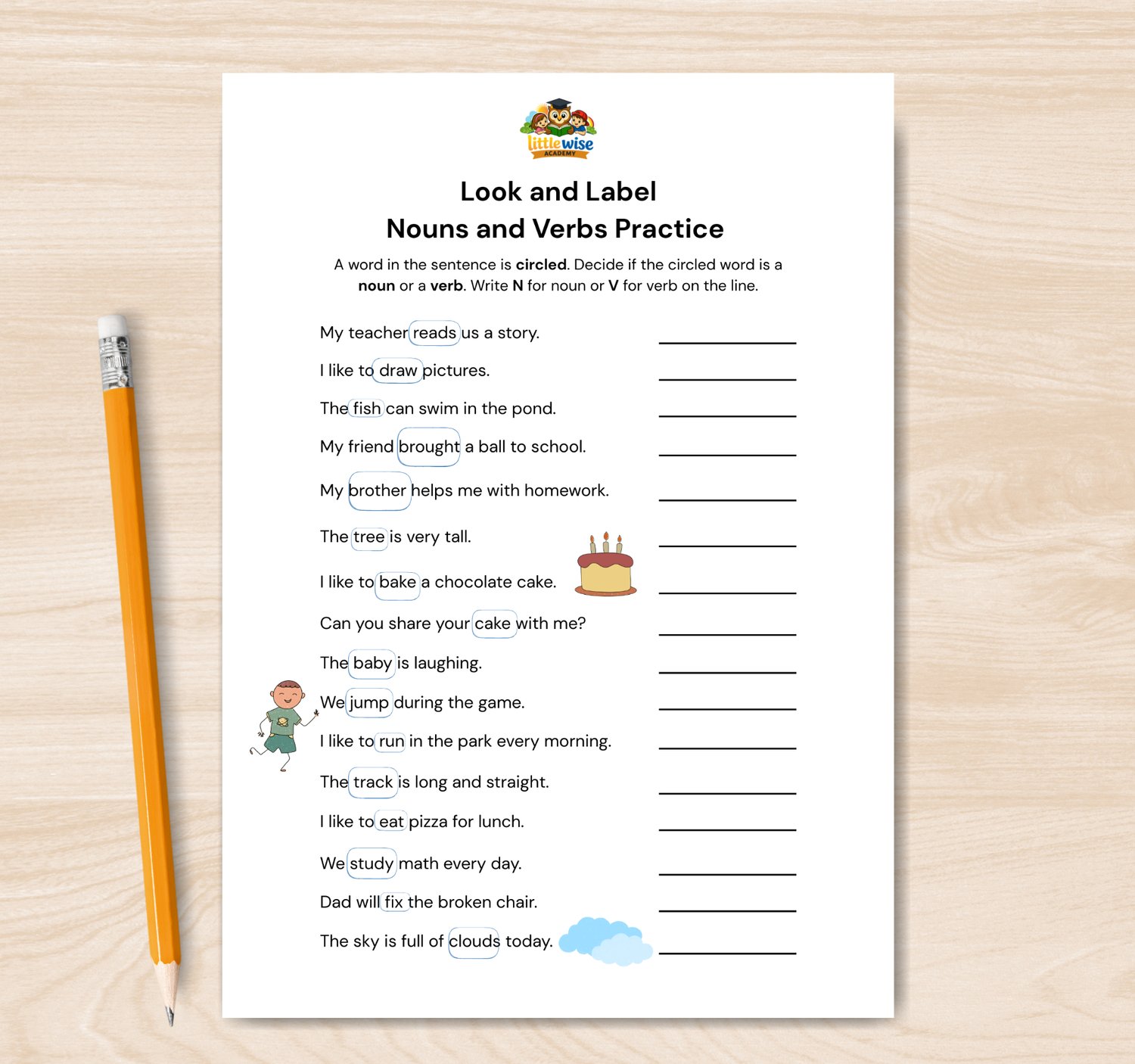 look and label nouns and verbs