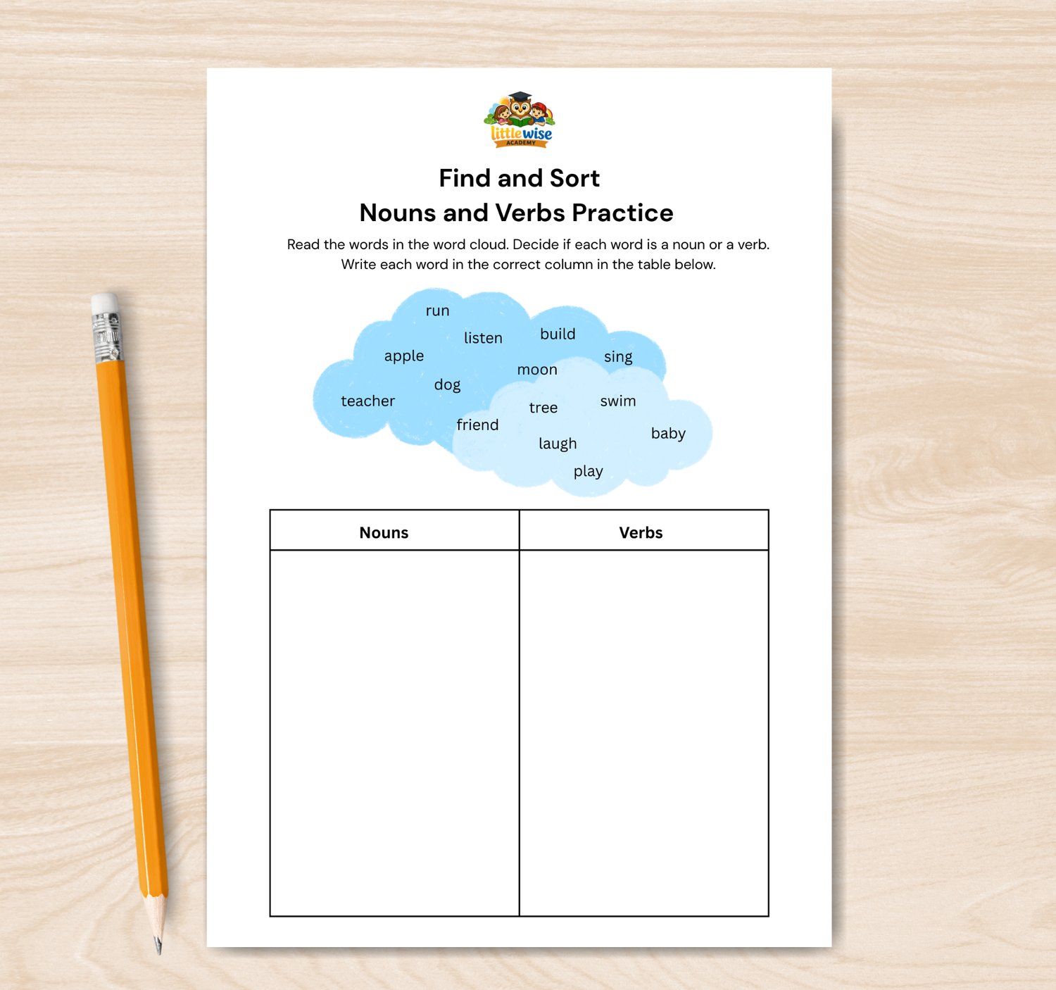 find and sort nouns and verbs