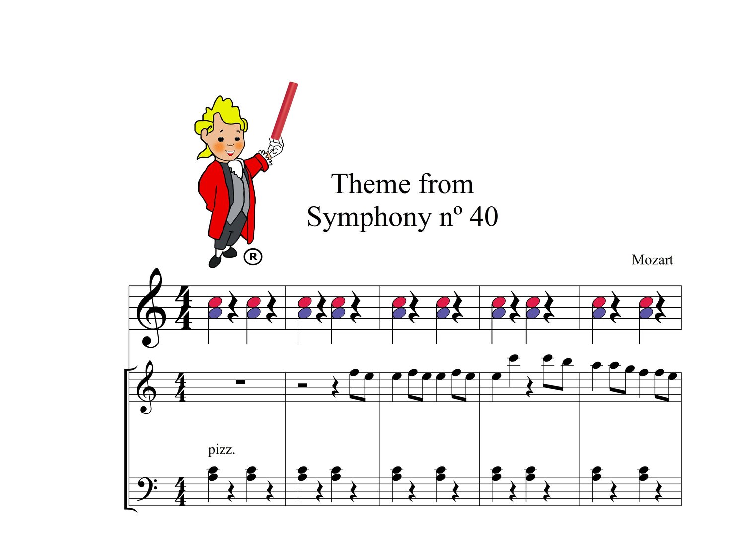 Boomwhackers easy Mozart theme from symphony Nº40, and piano score.