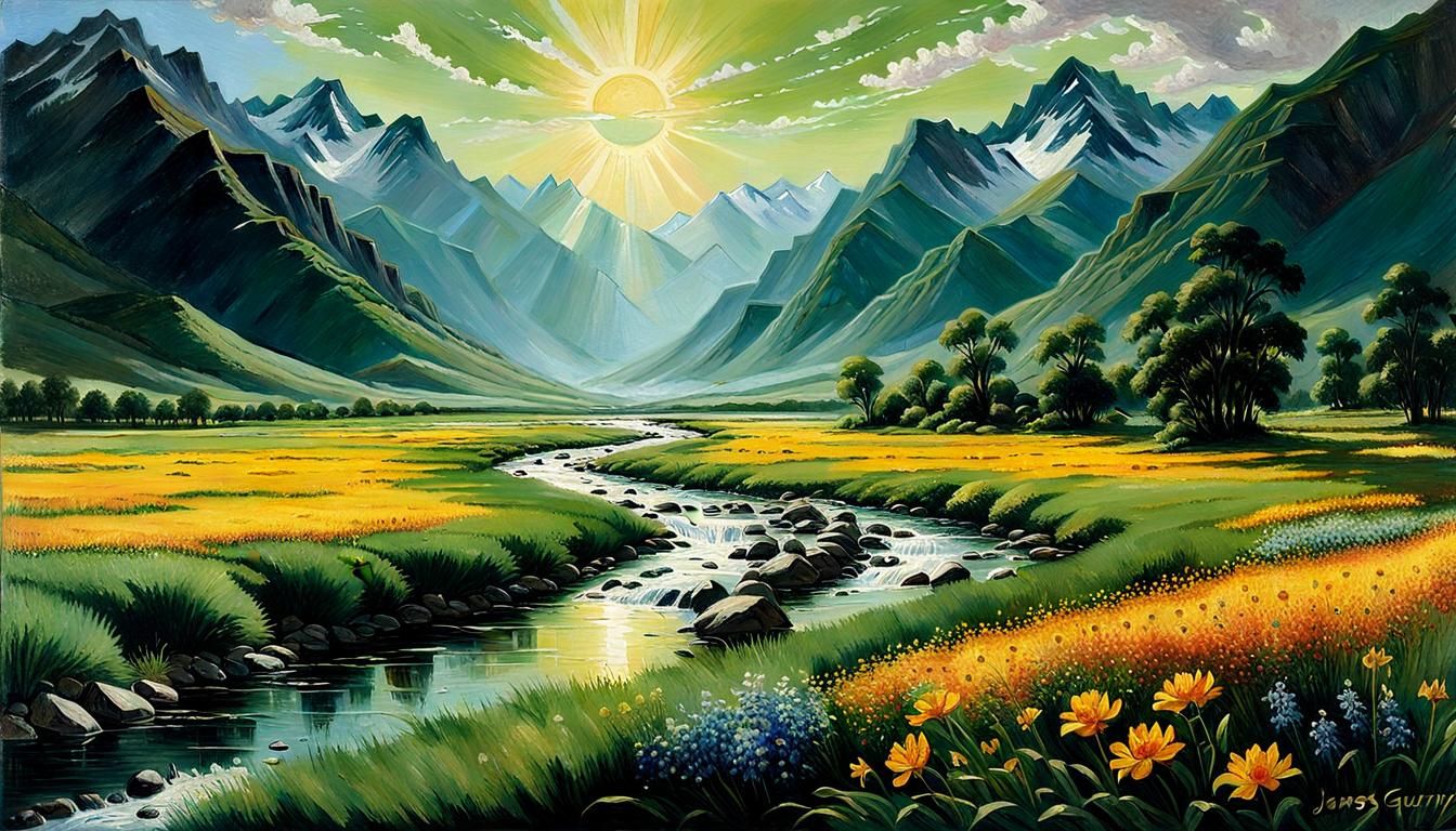 Mountain Picture With River Running To It