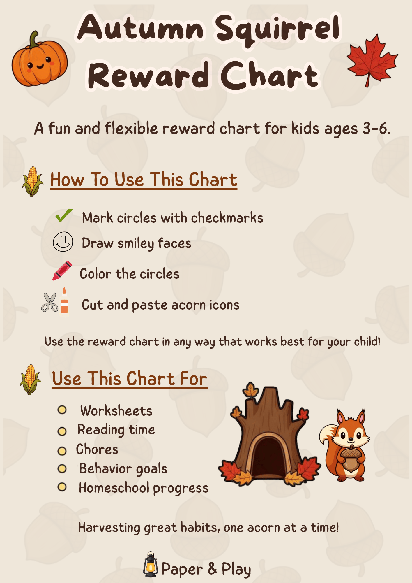 A printable path-style progress chart for kids with "Start!" and "You did it!" finish lines, featuring an autumn squirrel and falling leaves theme.
