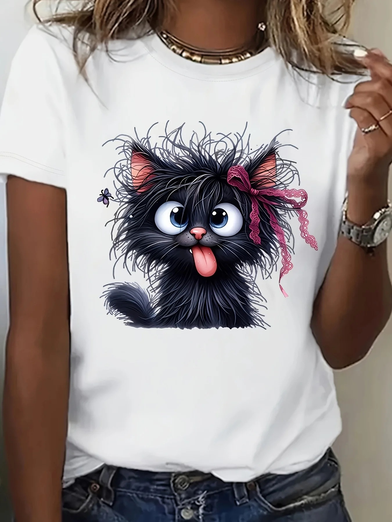 Women relaxed fit cat graphic tee soft breathable cotton shirt