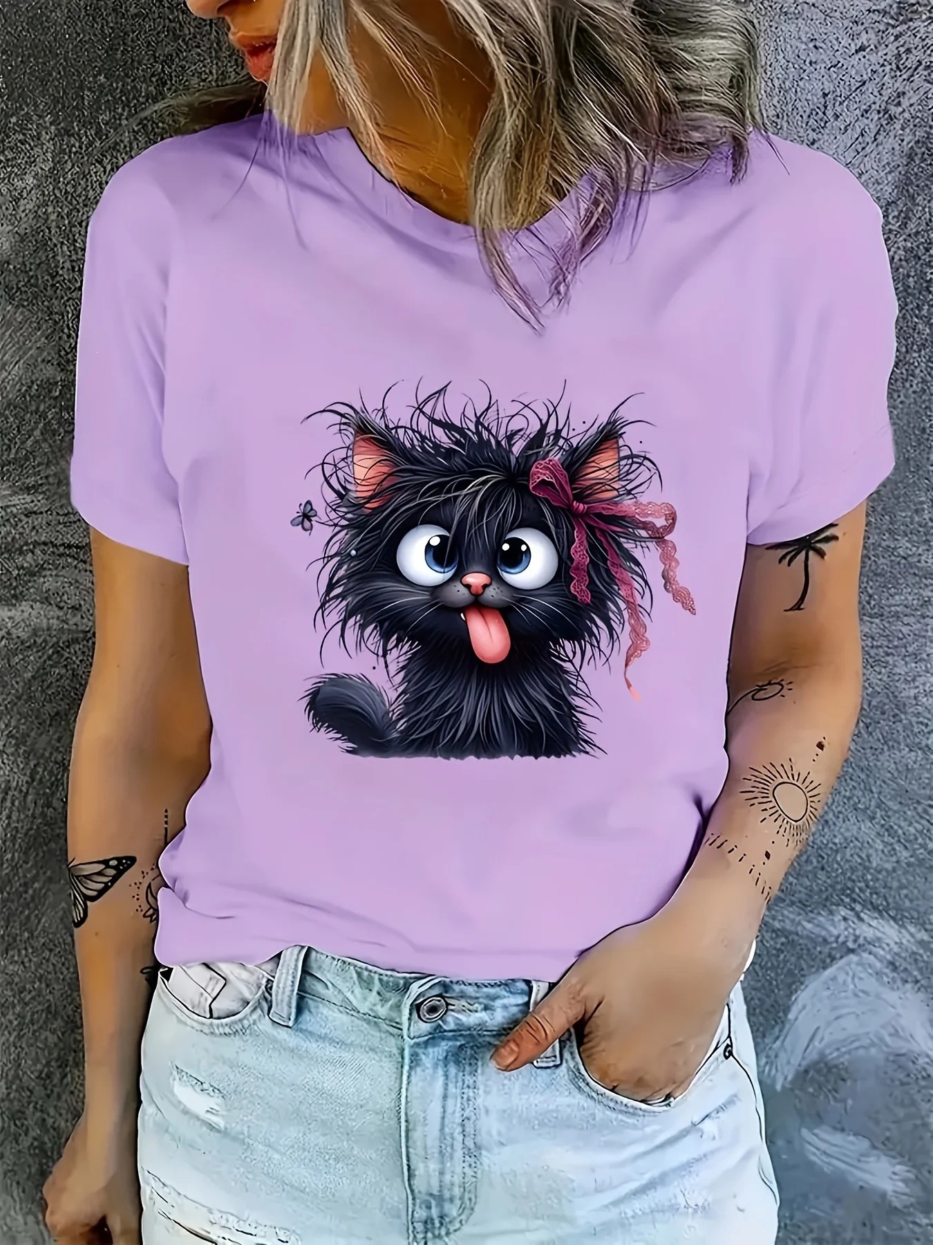 Cartoon kitten print cotton t-shirt loose fit casual wear