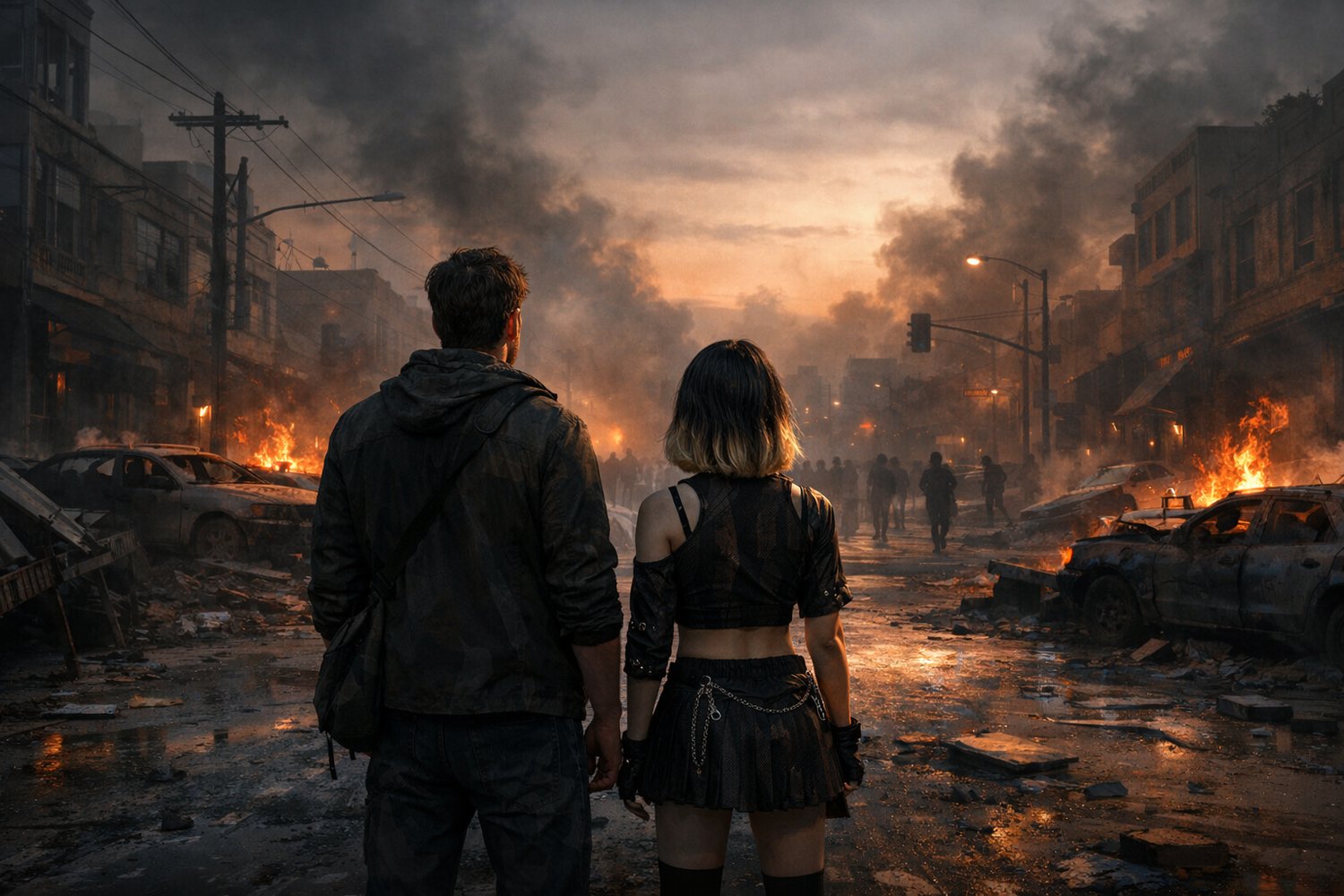 Two survivors—a man and a petite Asian woman with black shoulder-length hair and blonde dip-dyed ends in K-pop-style clothing—stand in a ruined city street at dusk, surrounded by burning cars, smoke-filled air, and distant figures moving through the chaos