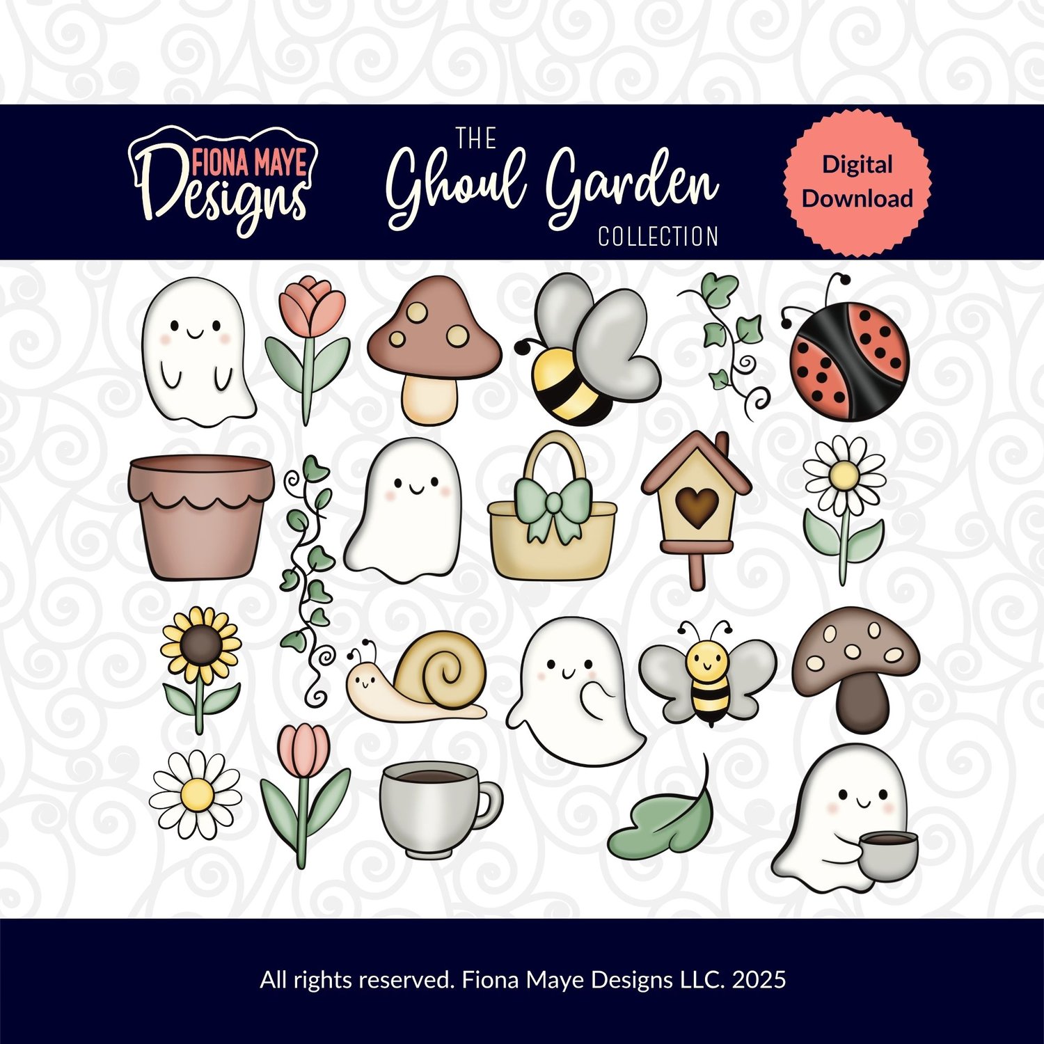 Pastel ghost and garden clipart sheet titled “The Ghoul Garden Collection,” featuring cute ghosts, flowers, mushrooms, bees, critters, and cottagecore elements.