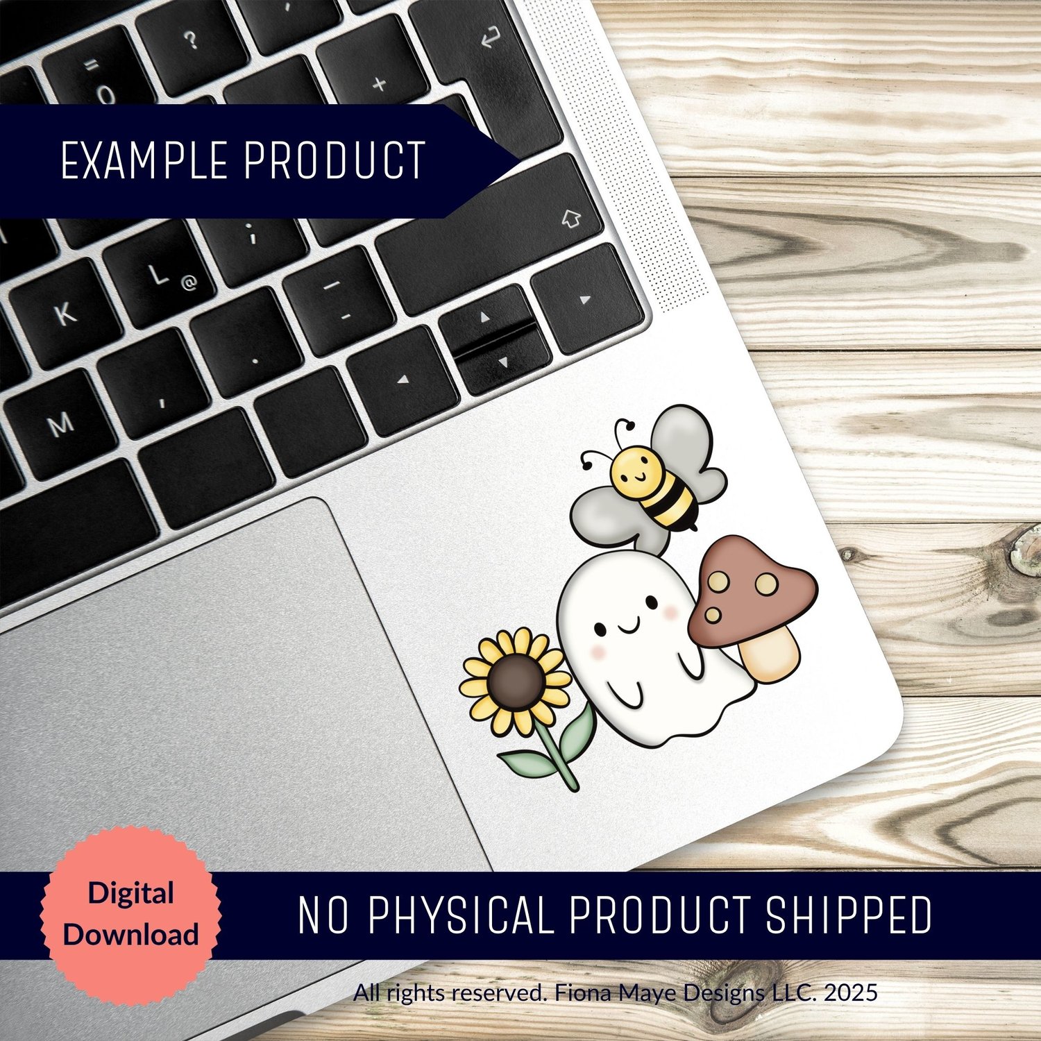 Laptop corner with cute garden‑themed stickers: a sunflower, ghost, mushroom, and bee, shown as an example product for a digital download clipart set.