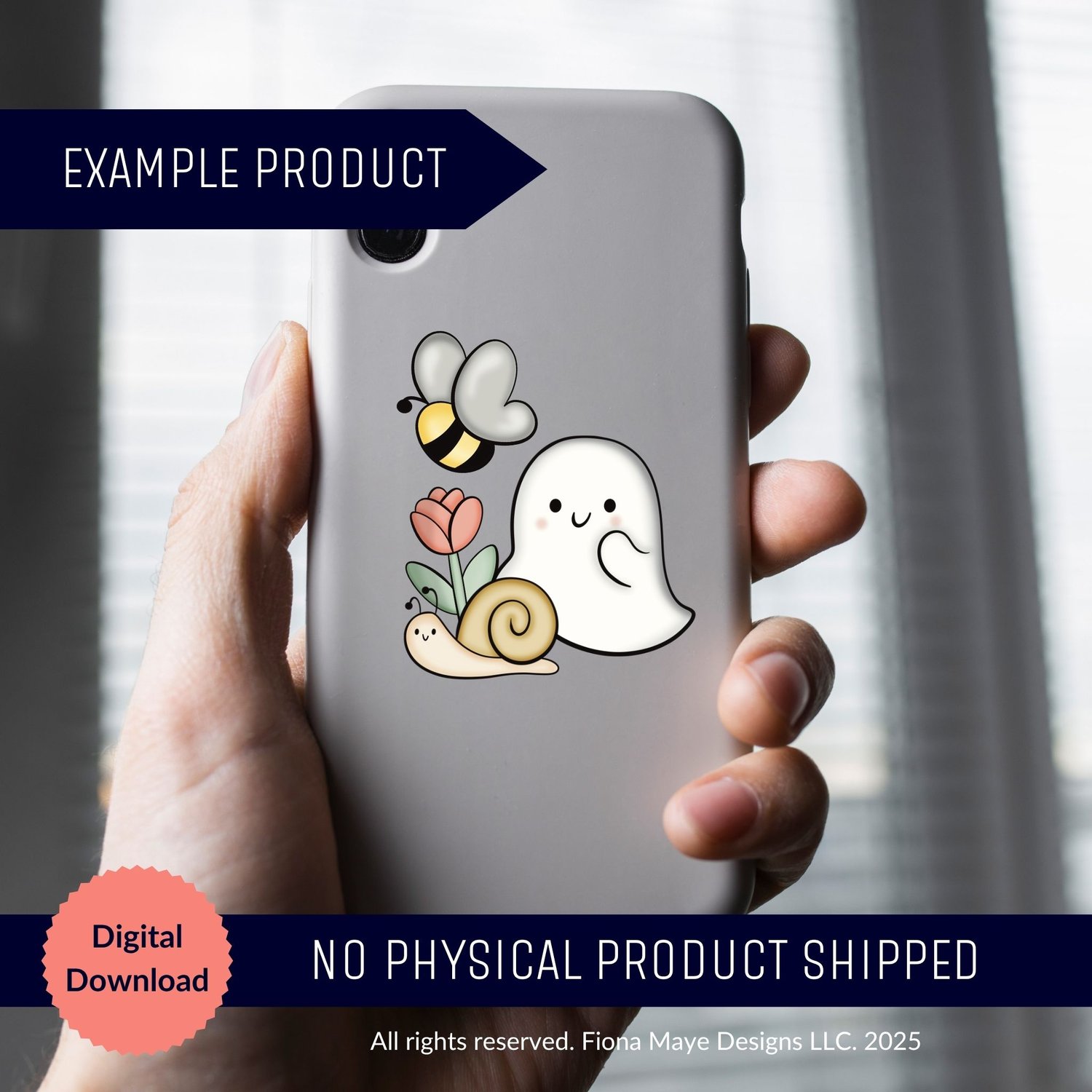 Hand holding a phone with a pastel ghost, bee, snail, and flower design on the case, shown as an example product for a digital download clipart set.