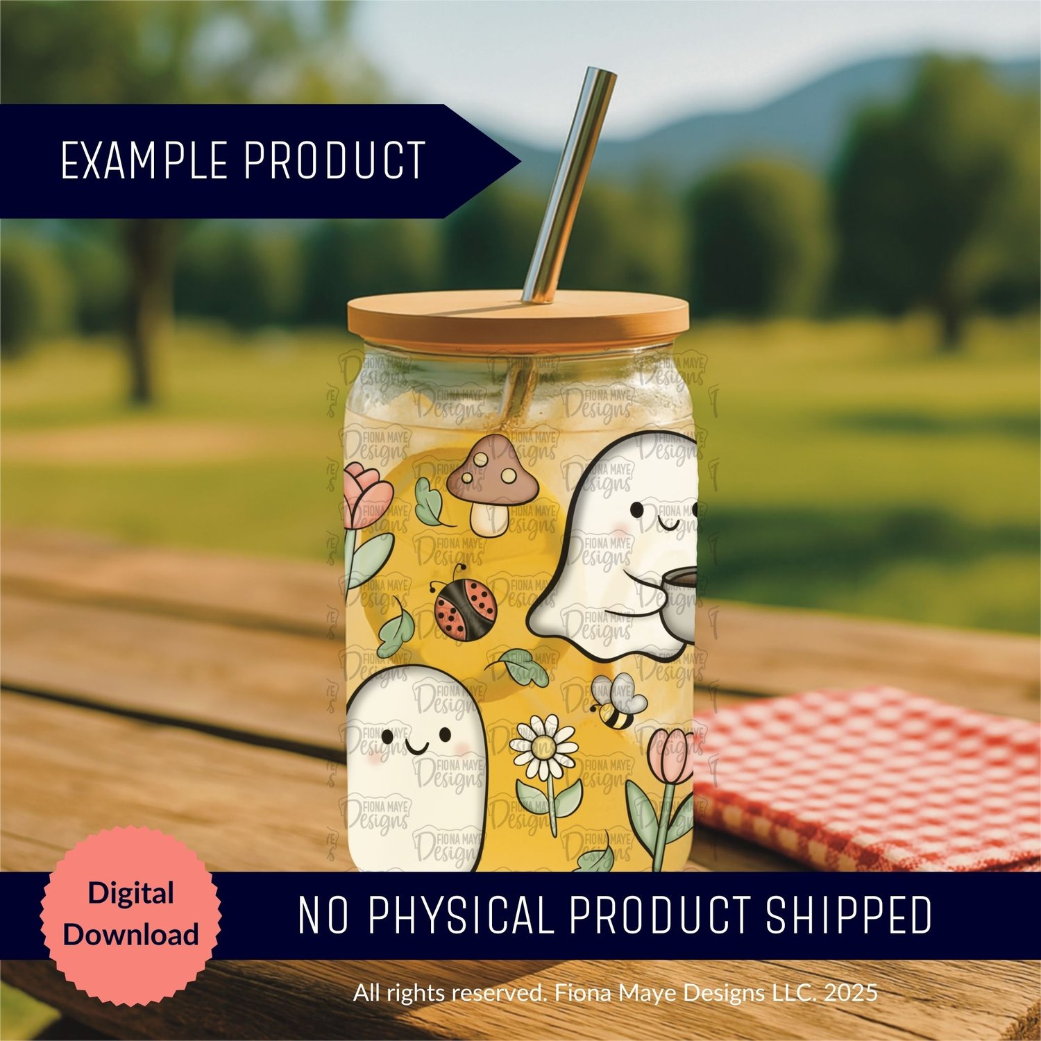Glass jar with straw on an outdoor table featuring cute ghosts, a mushroom, ladybug, flower, and leaves, shown as an example product for a digital download wrap.