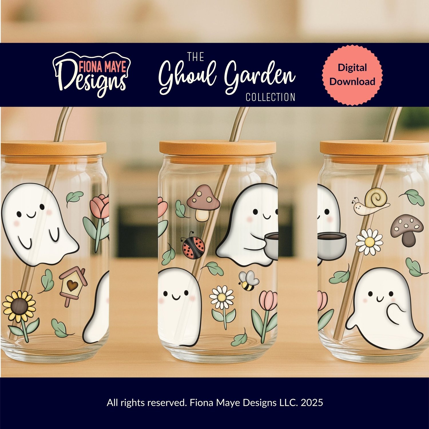 Three glass cans with bamboo lids featuring cute gardening ghosts surrounded by flowers, mushrooms, and garden elements, shown as examples for a digital download design.
