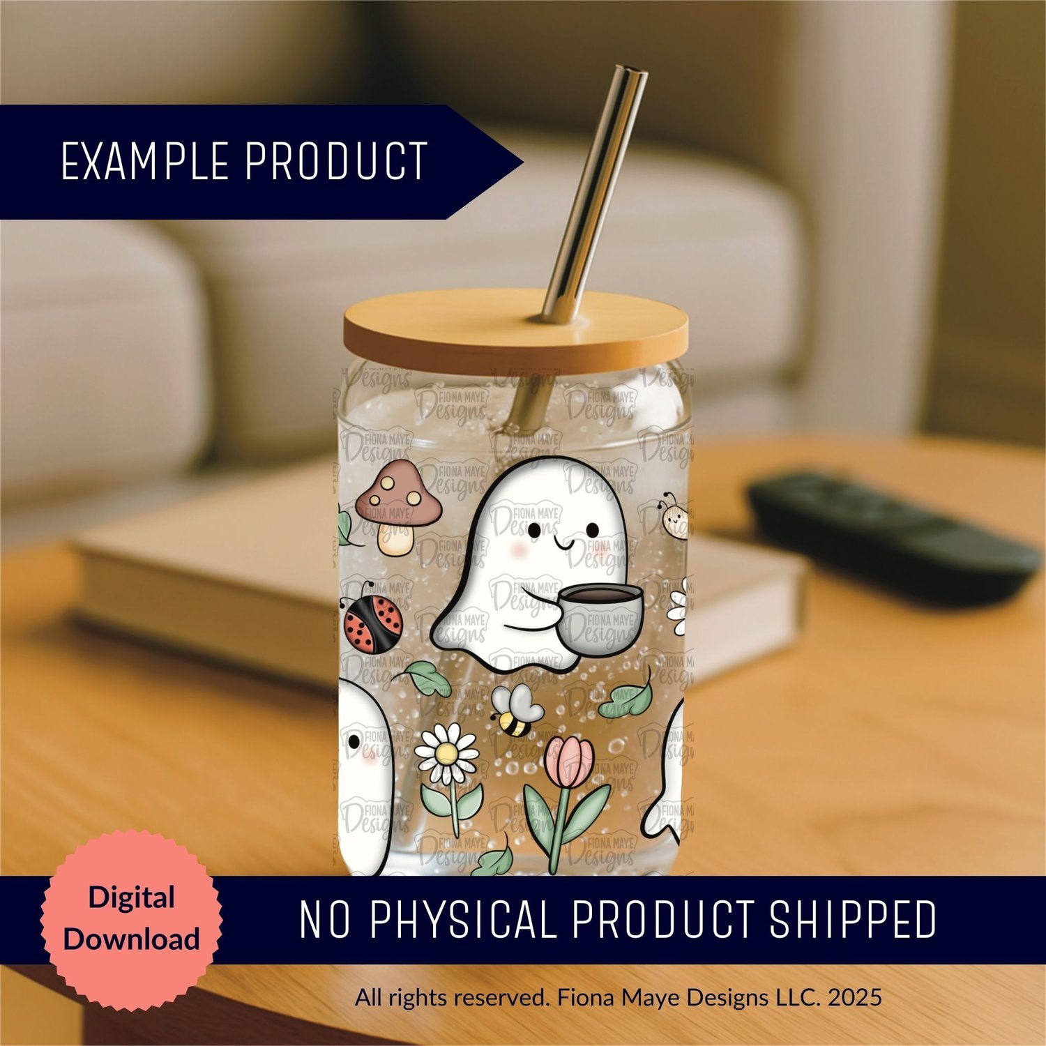 Glass can with bamboo lid featuring cute ghosts, mushrooms, flowers, and leaves, shown indoors as an example product for a digital download wrap design.