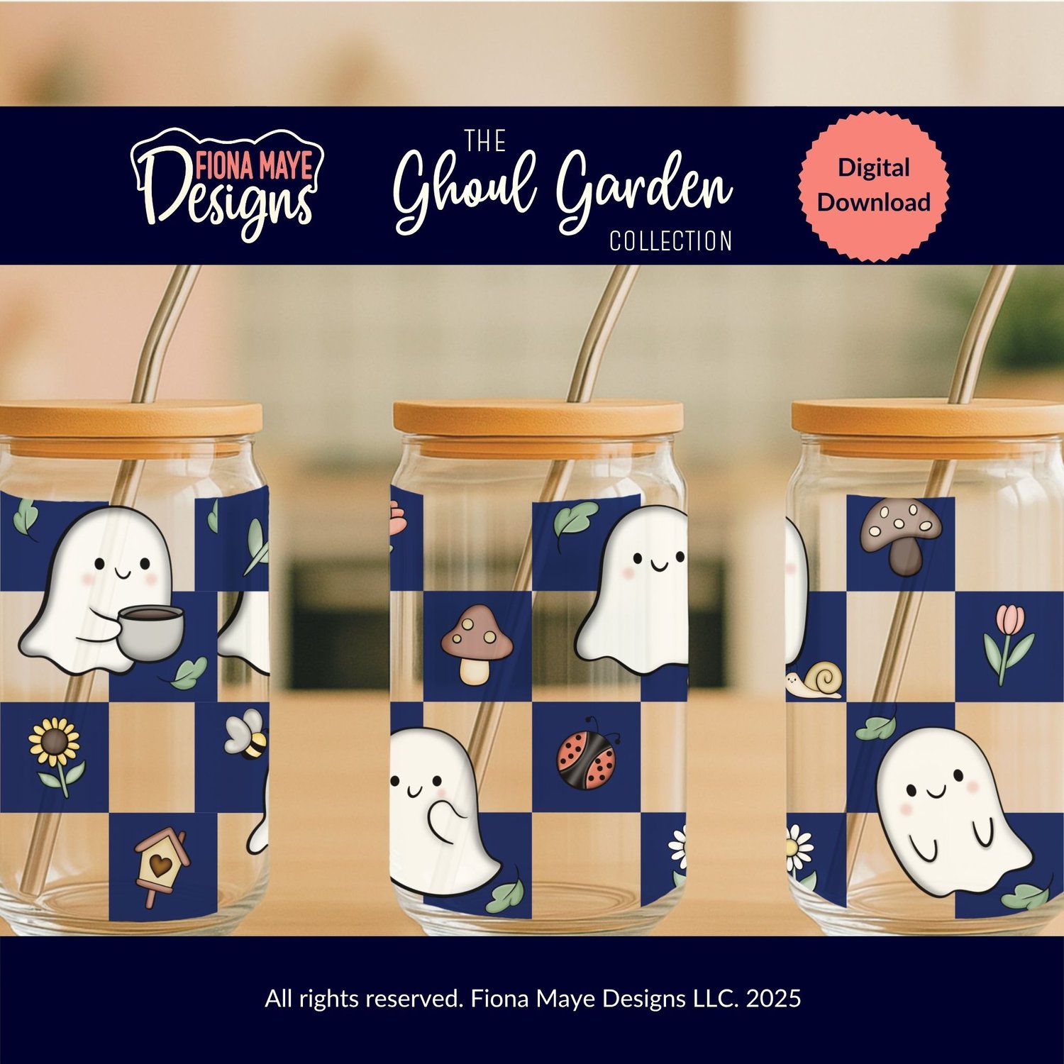 Three glass cans with bamboo lids featuring blue checkered wraps decorated with cute ghosts, mushrooms, florals, and garden elements, shown as digital download examples.