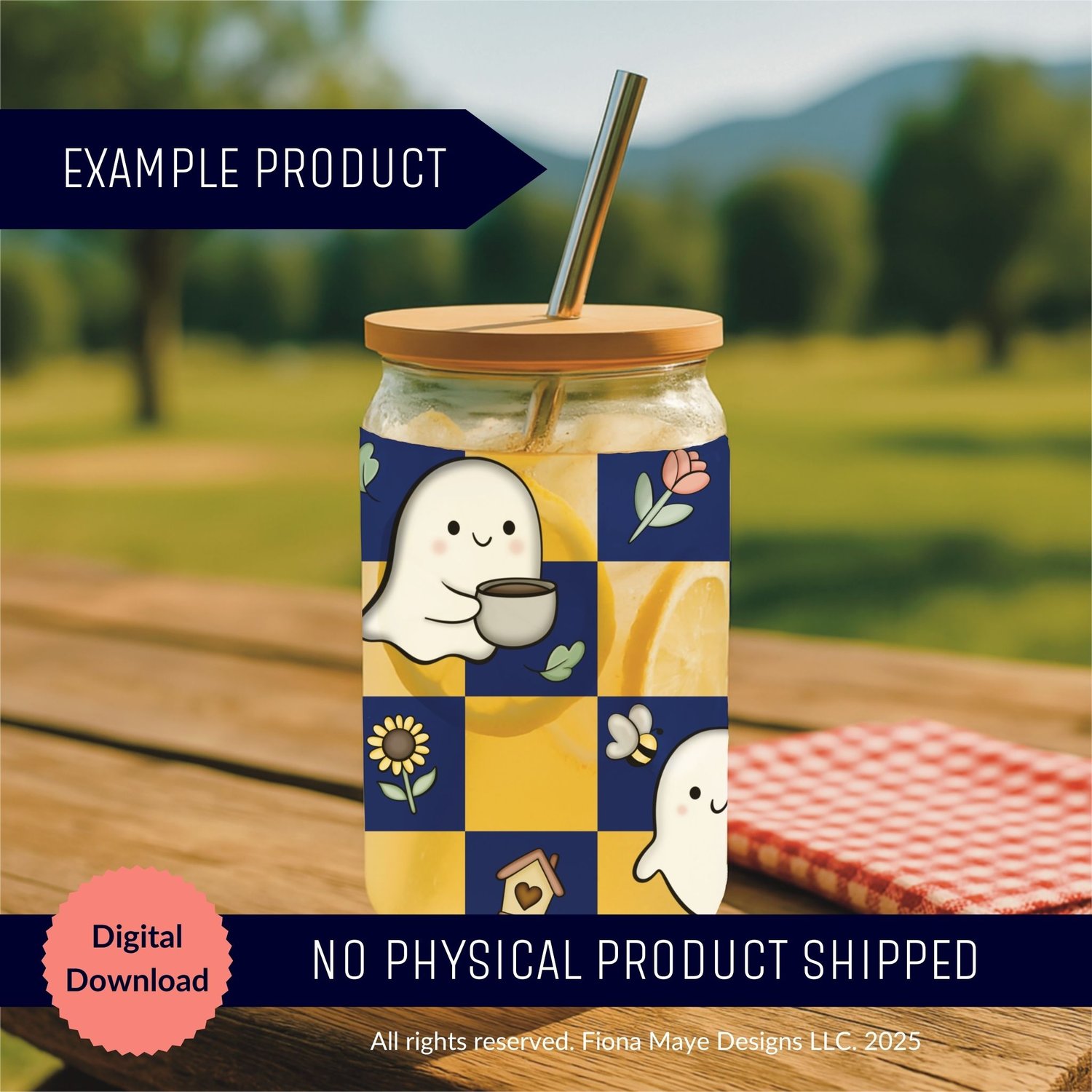Glass jar with straw on an outdoor table featuring a blue‑and‑yellow checkered wrap with cute ghosts, stars, and coffee motifs, shown as an example digital download design.