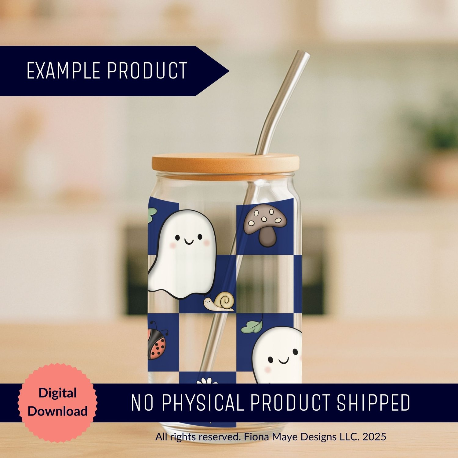 Glass can with bamboo lid featuring a blue checkered wrap decorated with cute ghosts, mushrooms, snails, and garden motifs, shown as an example digital download design.
