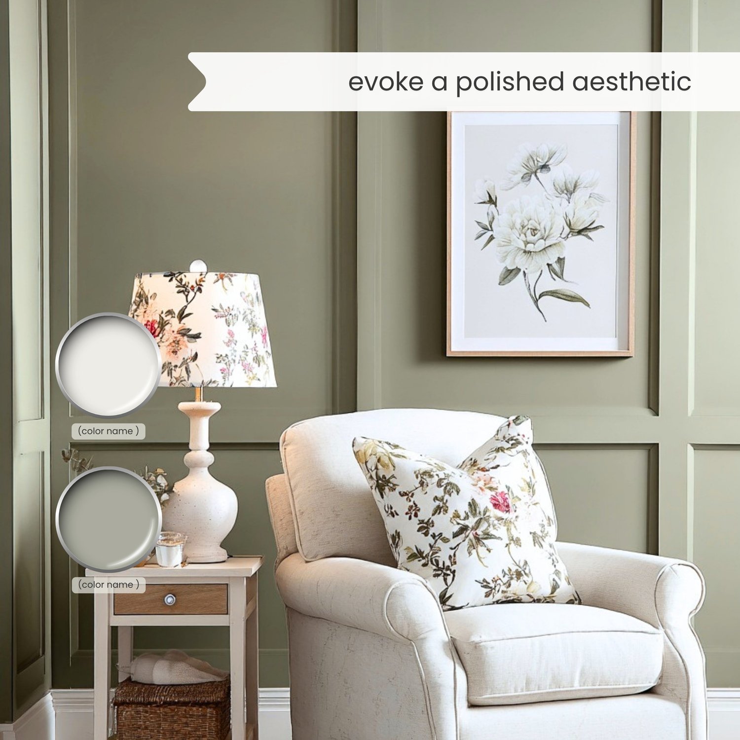 Sherwin Williams Shoji White paint palette. Whole house color scheme with neutrals and coordinating colors. Paint colors for home with white, beige, greige, green, blue, and brown. Interior design color scheme created by Lavenia Shash.