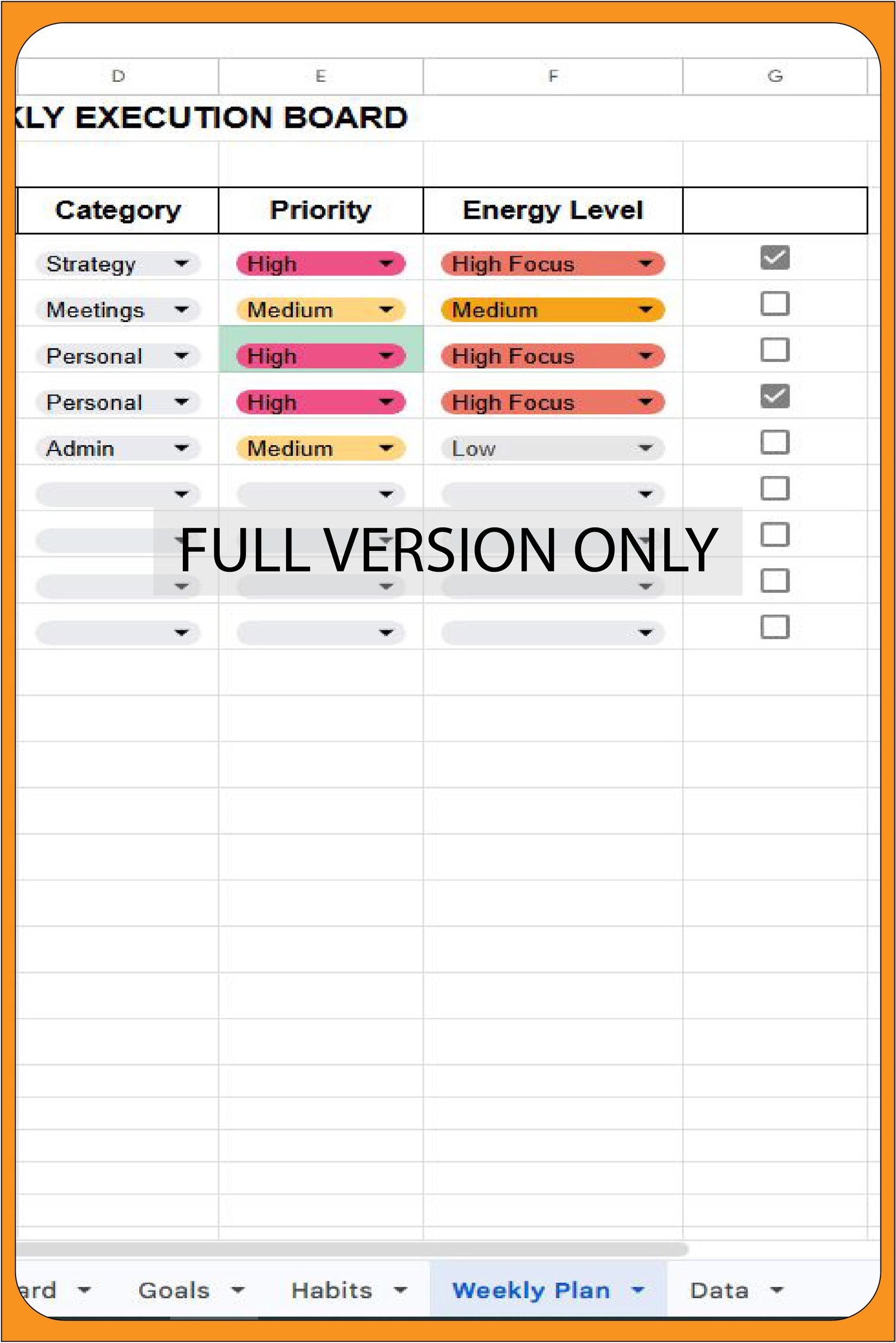 Weekly Execution Board in Google Sheets showing task priority and energy levels, marked with a "Full Version Only" label to showcase premium planning capabilities.
