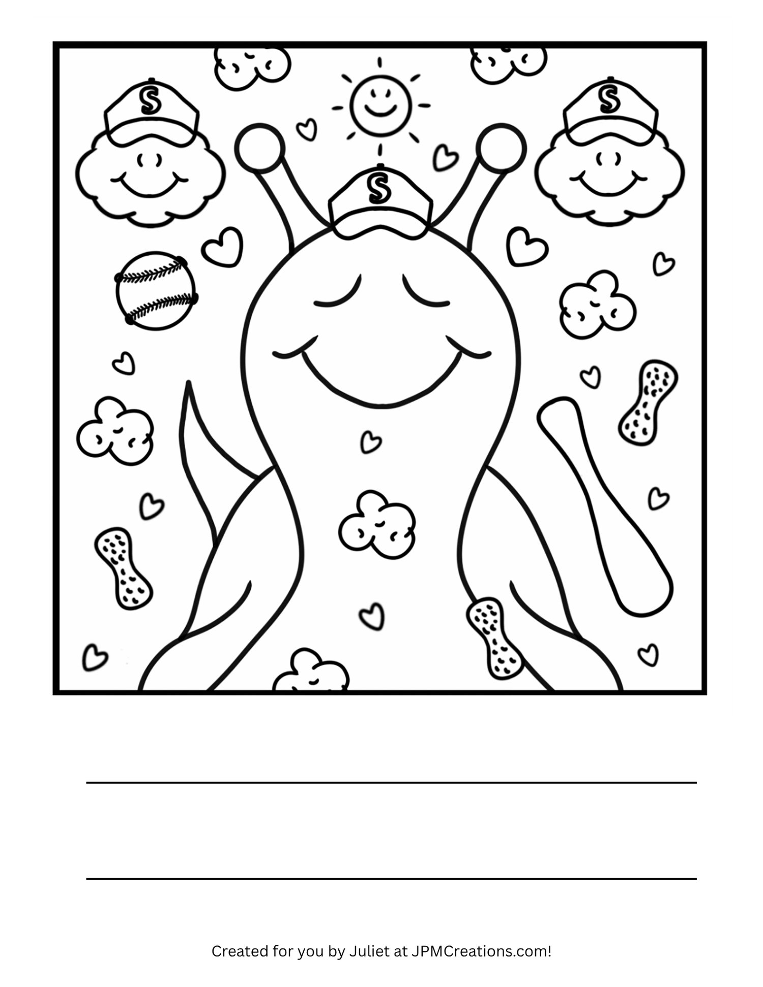 Cute Snail “Let’s Play Ball! Baseball” Coloring Page (Letter Size)