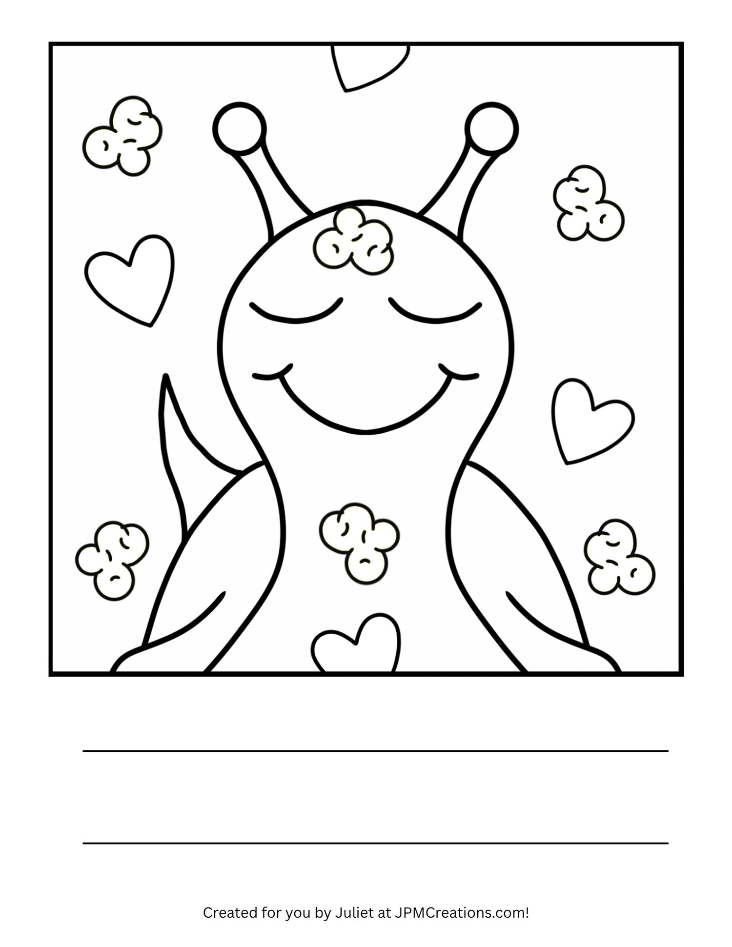 FREE: Cute Snail With Popcorn And Hearts Coloring Page (Letter Size)