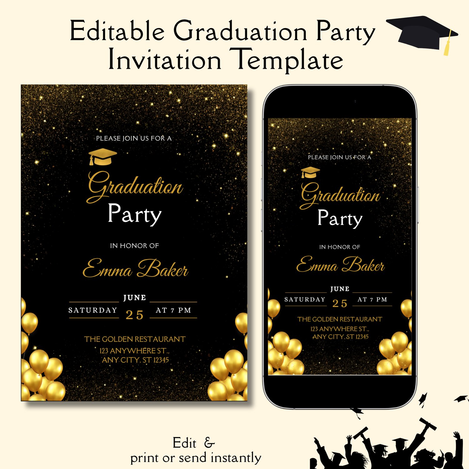 Editable Elegant Gold Black Graduation Party Invitation Template