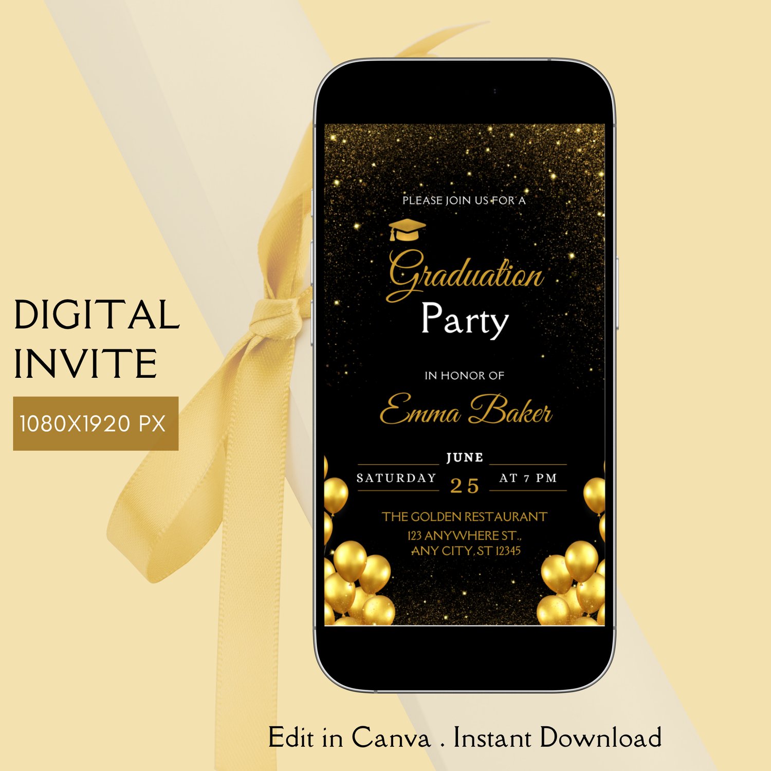 Digital Invite - Gold Black Graduation Party invite 1080x1920pxpx