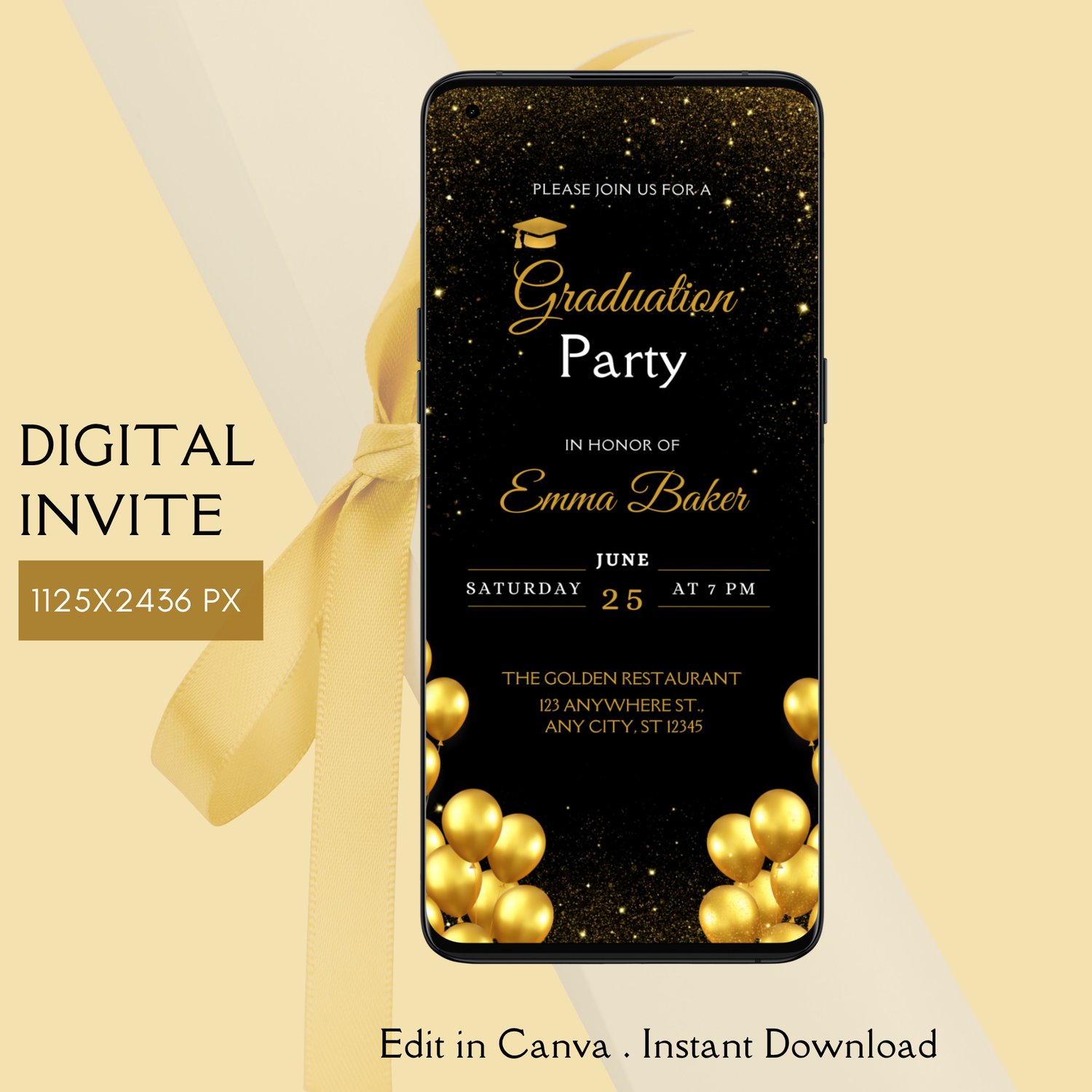 Digital Invite - Gold Black Graduation Party invite 1125x2436px