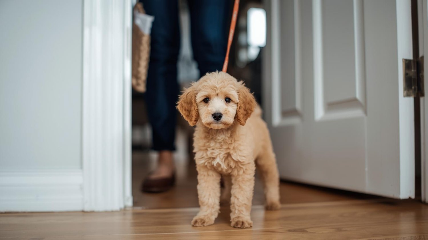 Toy Poddle Puppy On leash going for a walk