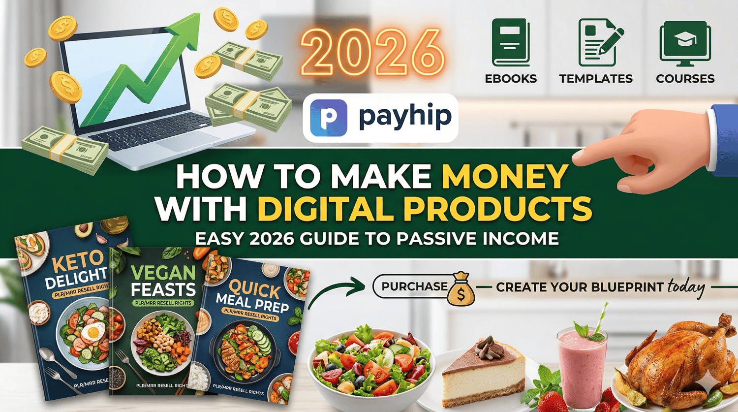 Blog cover illustrating how to make money with digital products in 2026, featuring a Payhip store blueprint and a PLR MRR recipe cookbook bundle.