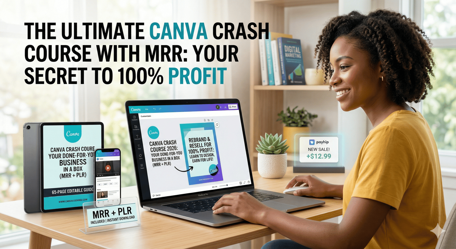 A digital marketing graphic for 'THE ULTIMATE CANVA CRASH COURSE WITH MRR'. A smiling woman at a desk with multiple devices shows text: 'YOUR SECRET TO 100% PROFIT', 'MRR + PLR INCLUDED | INSTANT DOWNLOAD', and a Payhip sale notification.