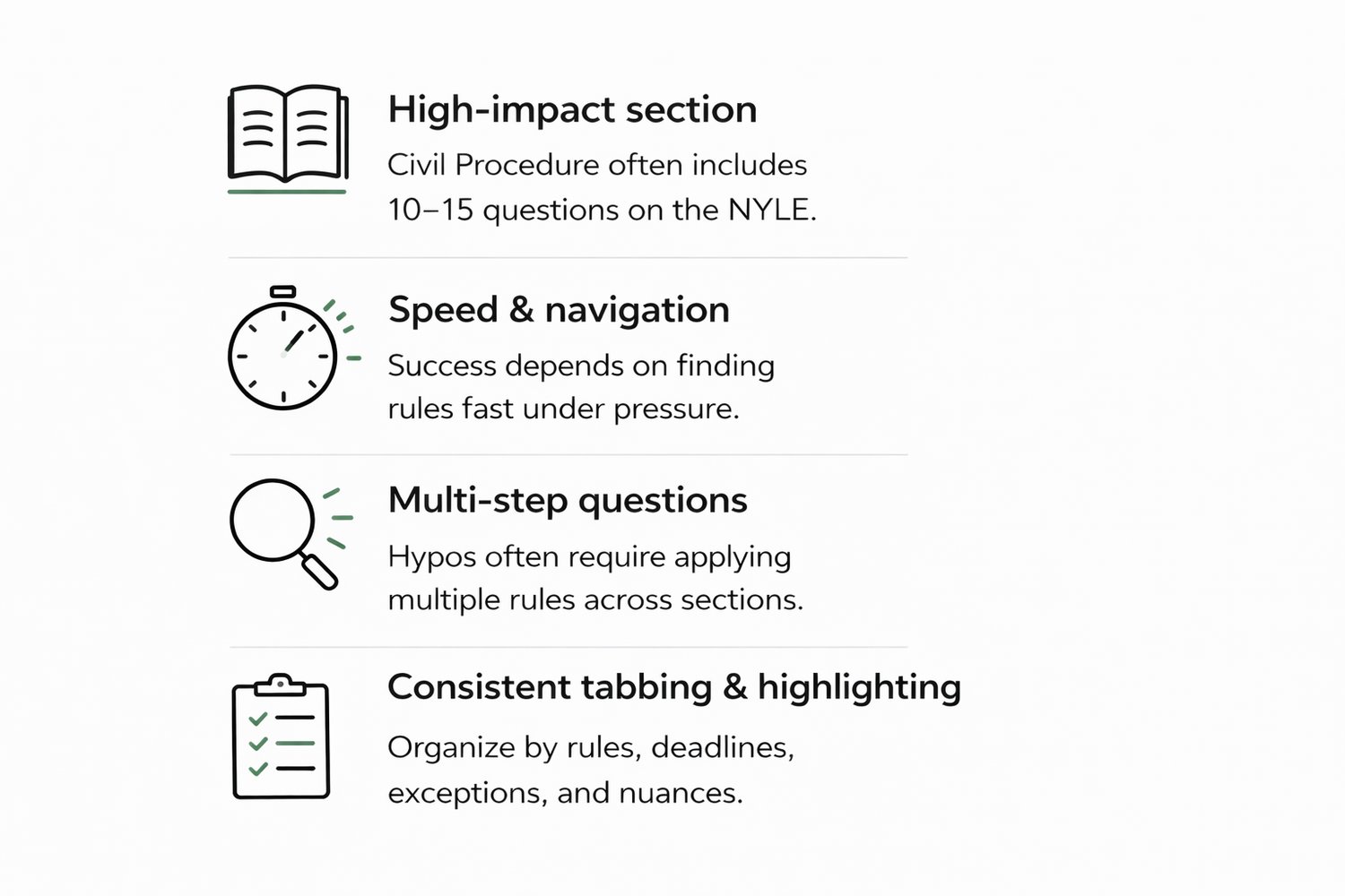 Learn how to master NYLE Civil Procedure with practical strategies, including speed, navigation, and handling complex multi-step questions.