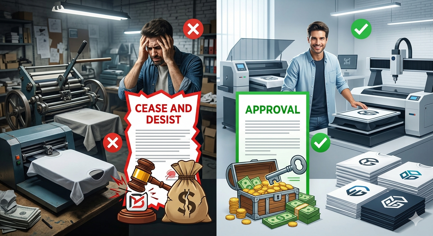 An illustrative split-screen comparing an entrepreneur facing legal action with a 'Cease and Desist' notice to another entrepreneur with 'Approval' and successful, legally compliant commercial manufacturing with professional licenses.