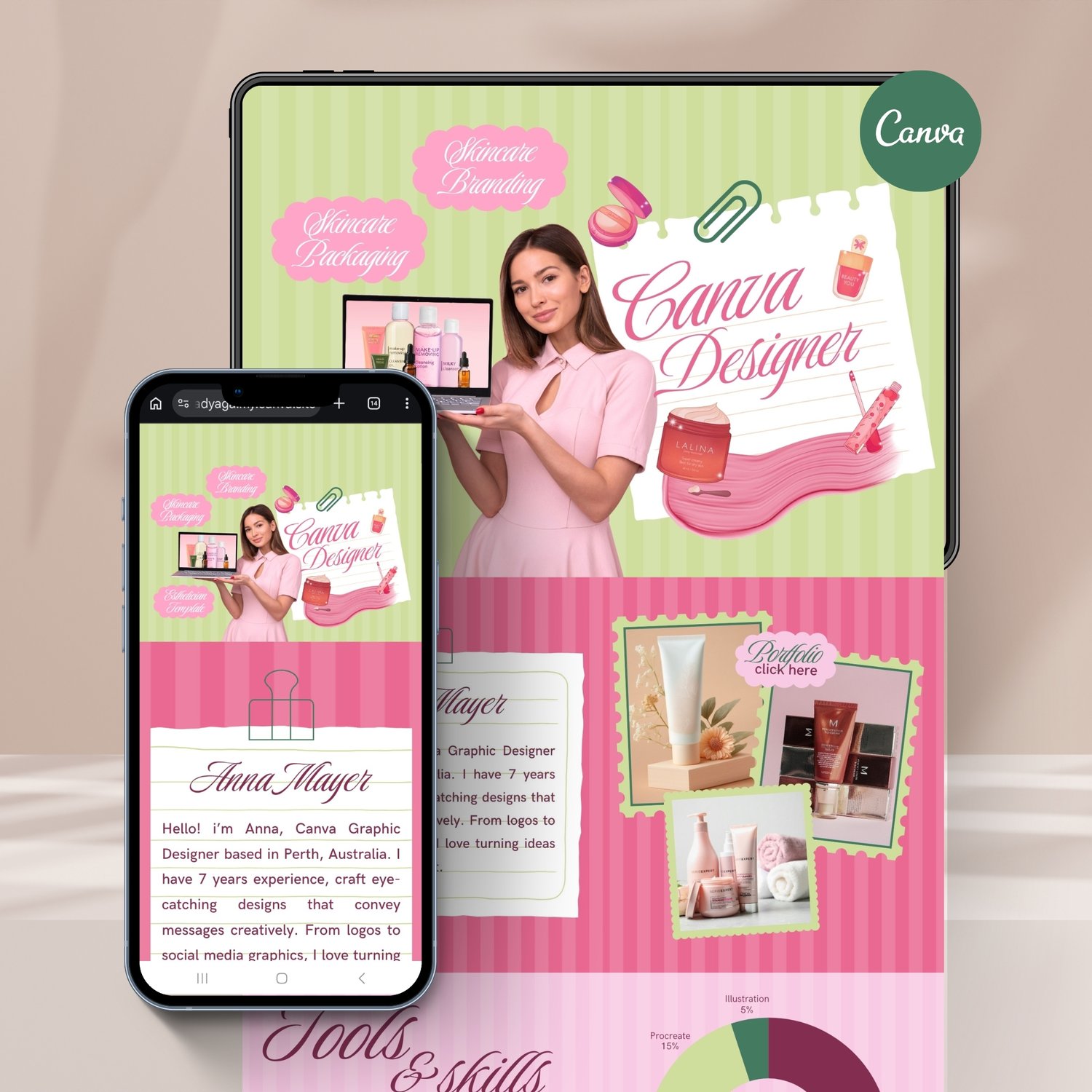 Pastel green and pink Canva portfolio website template preview for graphic designers and freelancers, displayed on laptop and mobile screens with scrapbook style layout and design portfolio section.