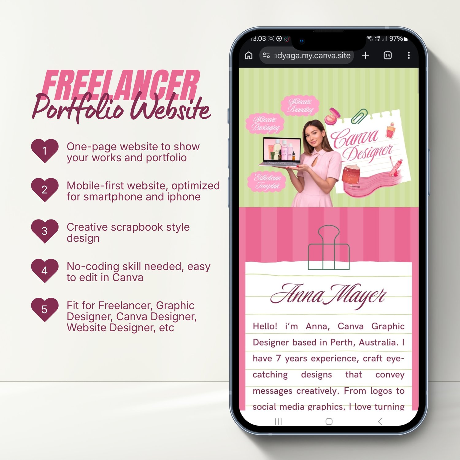 Pastel green and pink Canva portfolio website template preview for graphic designers and freelancers, displayed on laptop and mobile screens with scrapbook style layout and design portfolio section.