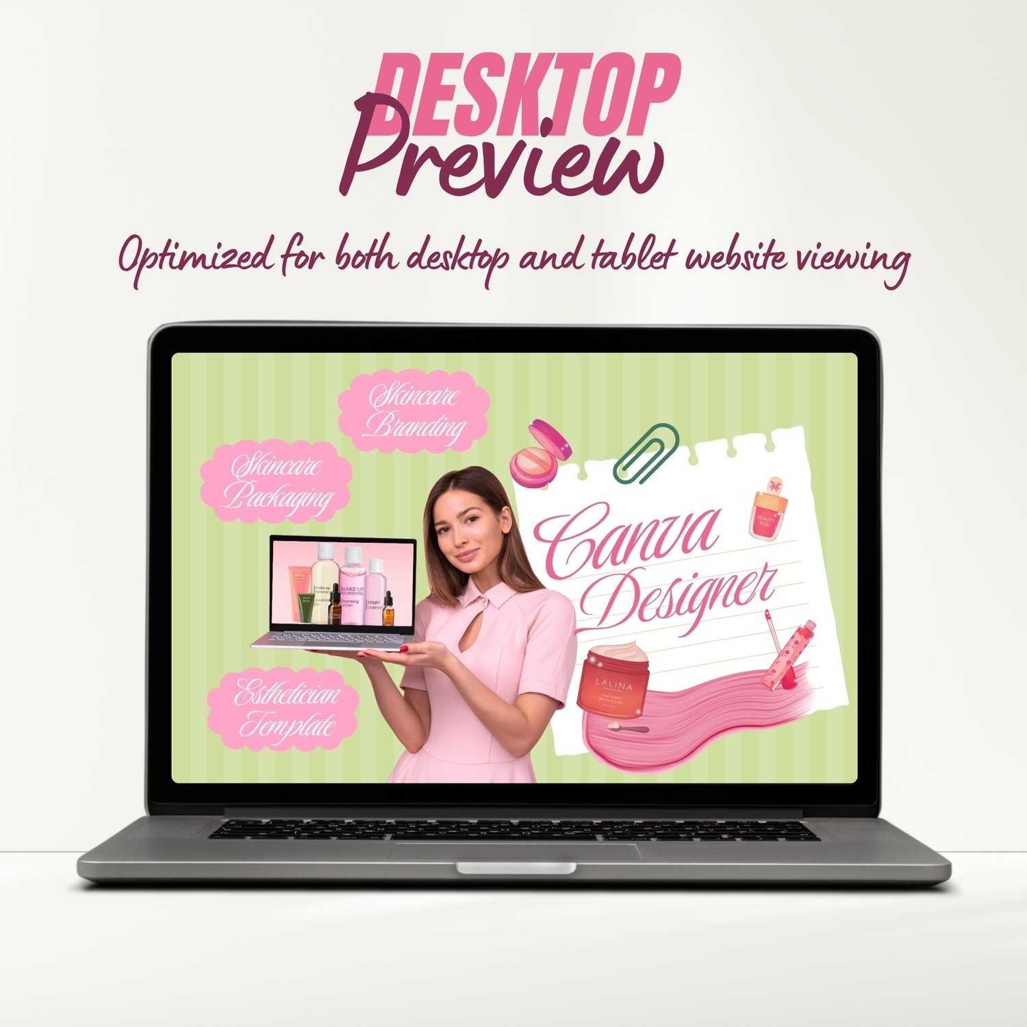 Pastel green and pink Canva portfolio website template preview for graphic designers and freelancers, displayed on laptop and mobile screens with scrapbook style layout and design portfolio section.