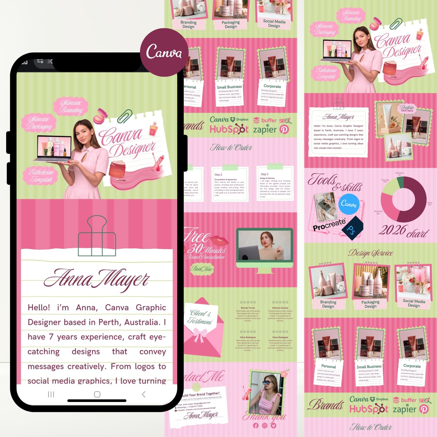 Pastel green and pink Canva portfolio website template preview for graphic designers and freelancers, displayed on laptop and mobile screens with scrapbook style layout and design portfolio section.