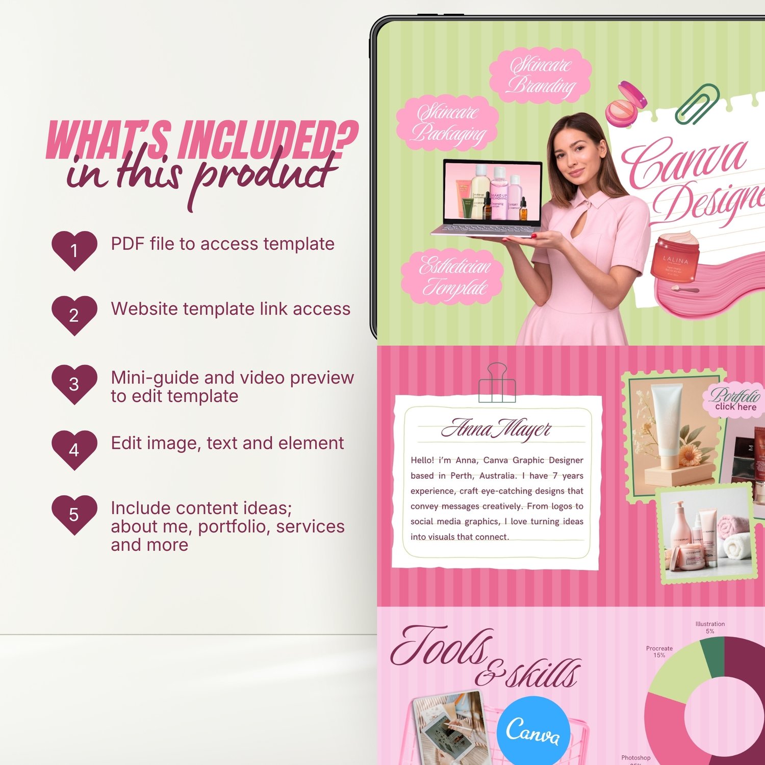 Pastel green and pink Canva portfolio website template preview for graphic designers and freelancers, displayed on laptop and mobile screens with scrapbook style layout and design portfolio section.