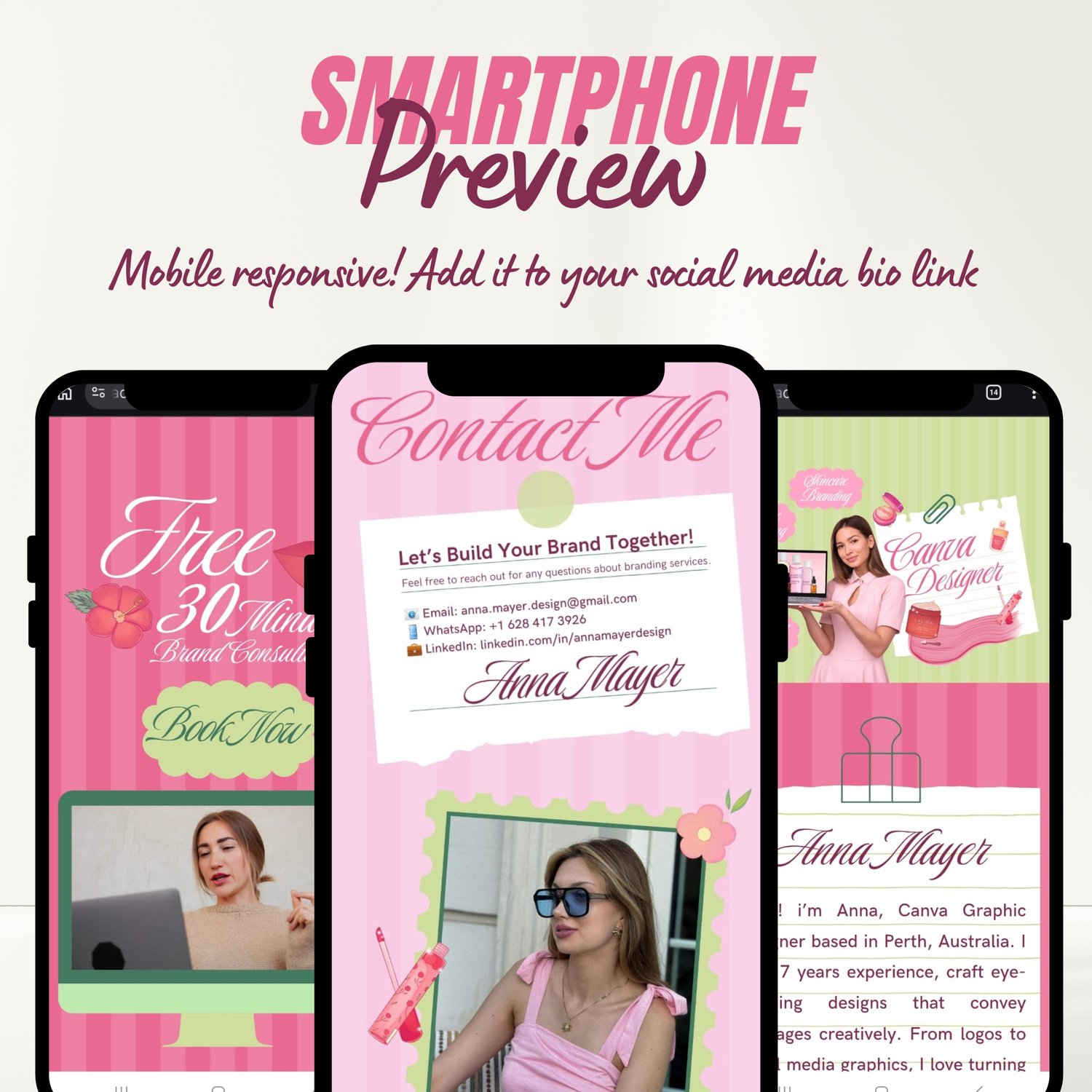 Pastel green and pink Canva portfolio website template preview for graphic designers and freelancers, displayed on laptop and mobile screens with scrapbook style layout and design portfolio section.