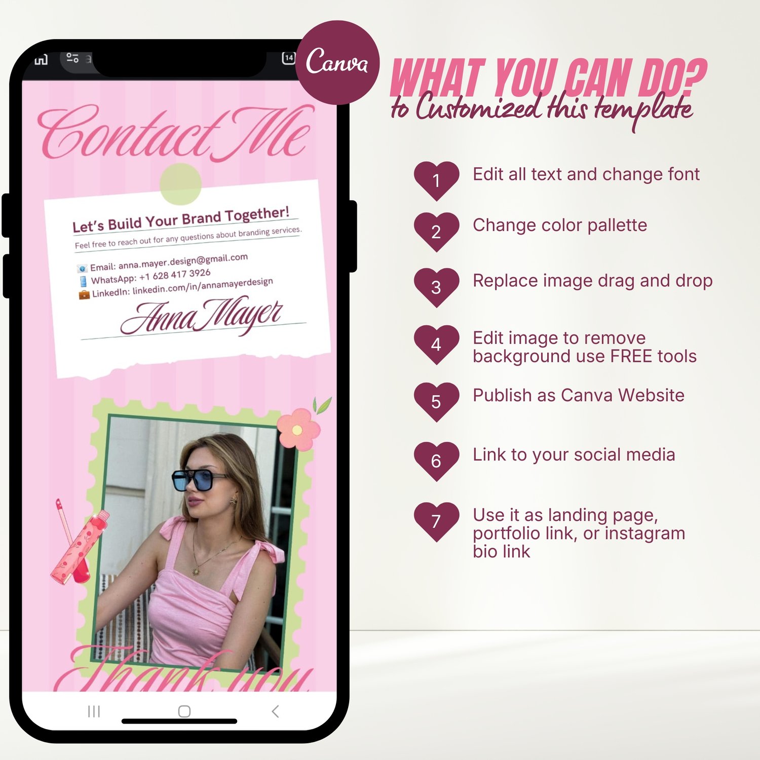 Pastel green and pink Canva portfolio website template preview for graphic designers and freelancers, displayed on laptop and mobile screens with scrapbook style layout and design portfolio section.