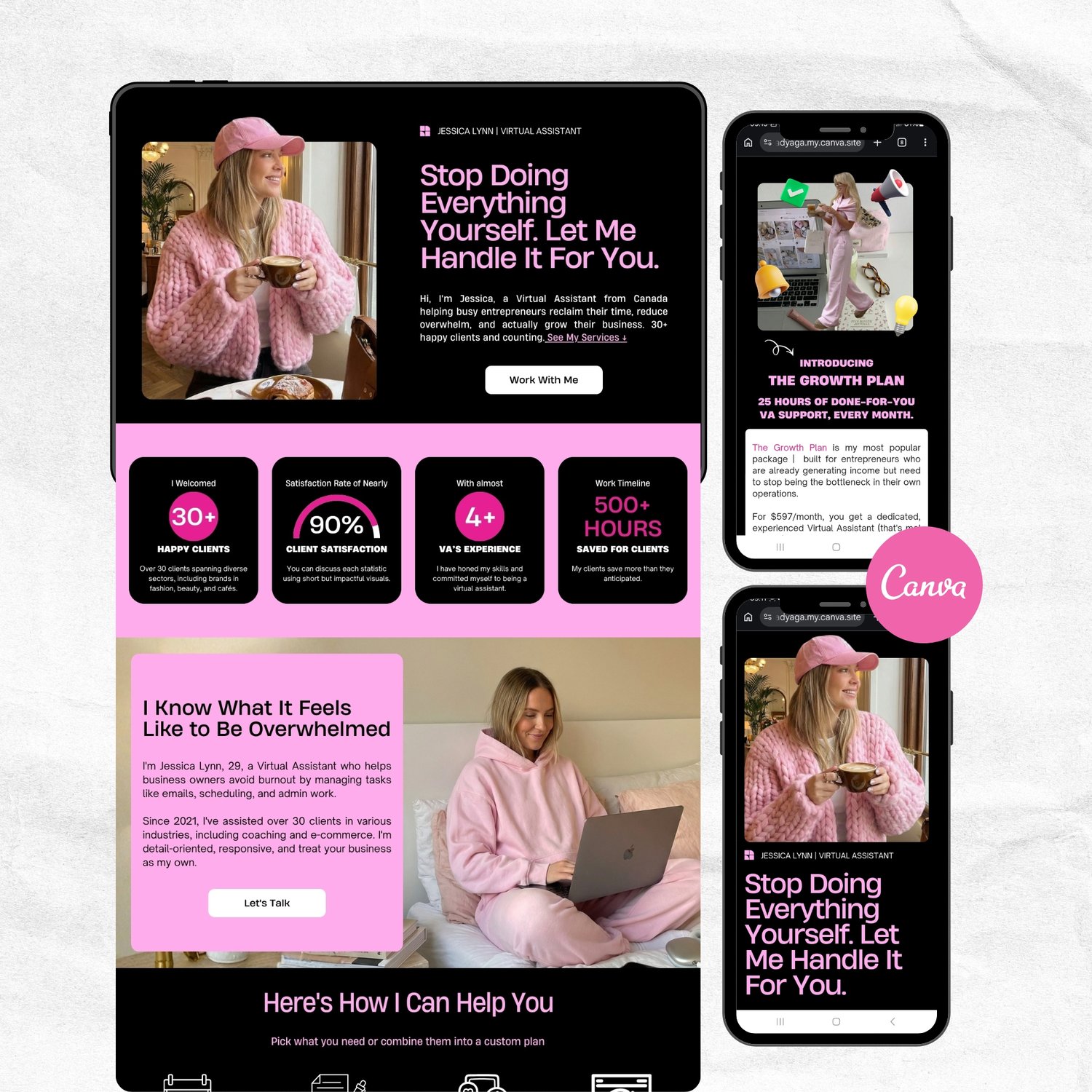 A smartphone displays a Canva design with pink and white text. The text reads "You're stuck working in your business instead of on it." Additional pages detail a growth plan and business advice. The overall theme is business and entrepreneurship.