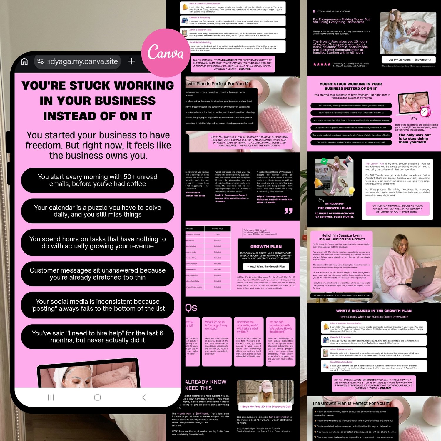 A smartphone displays a Canva design with pink and white text. The text reads "You're stuck working in your business instead of on it." Additional pages detail a growth plan and business advice. The overall theme is business and entrepreneurship.