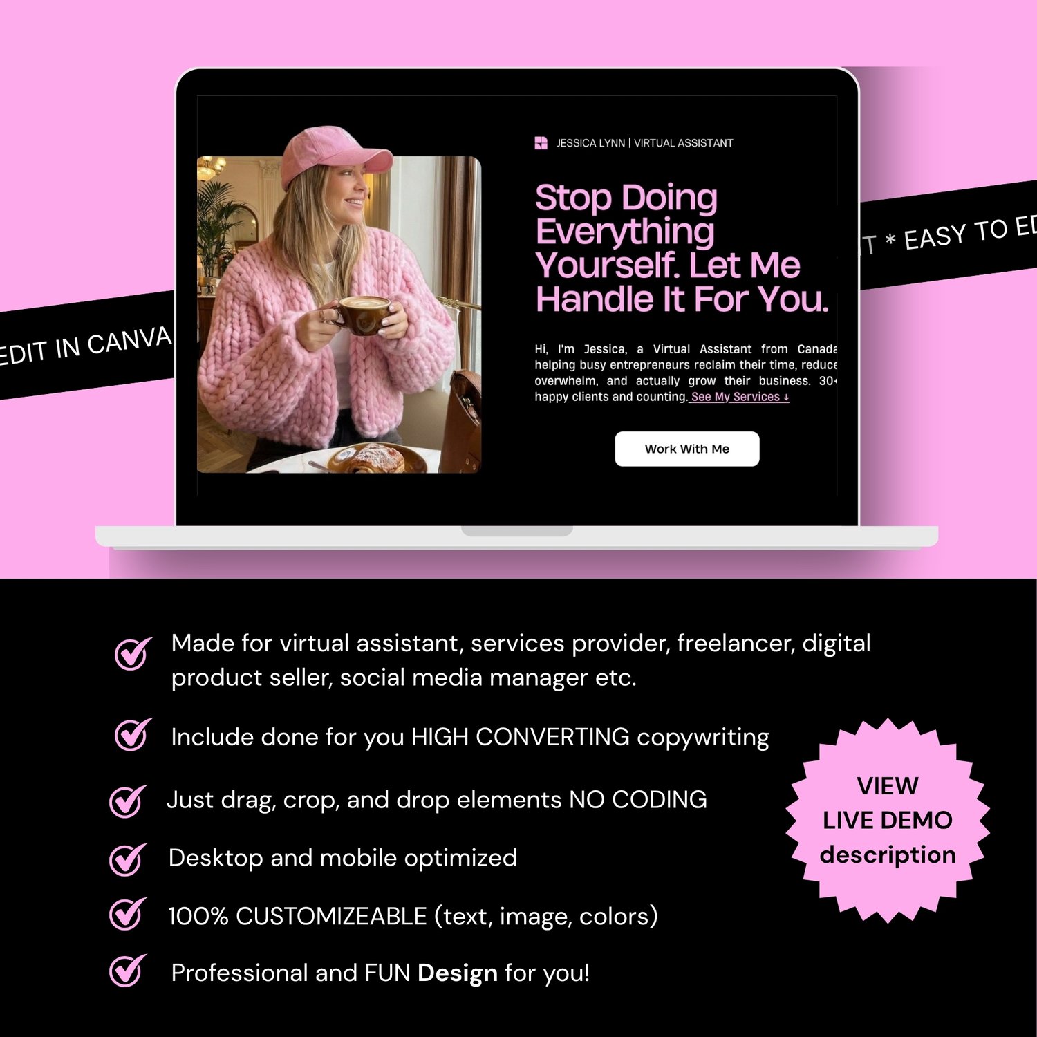 A smartphone displays a Canva design with pink and white text. The text reads "You're stuck working in your business instead of on it." Additional pages detail a growth plan and business advice. The overall theme is business and entrepreneurship.