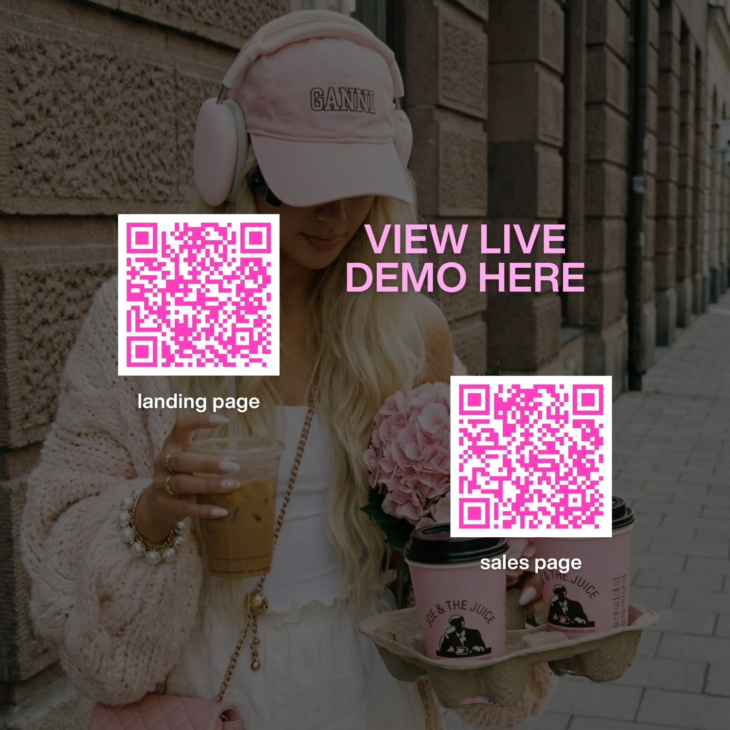 A smartphone displays a Canva design with pink and white text. The text reads "You're stuck working in your business instead of on it." Additional pages detail a growth plan and business advice. The overall theme is business and entrepreneurship.