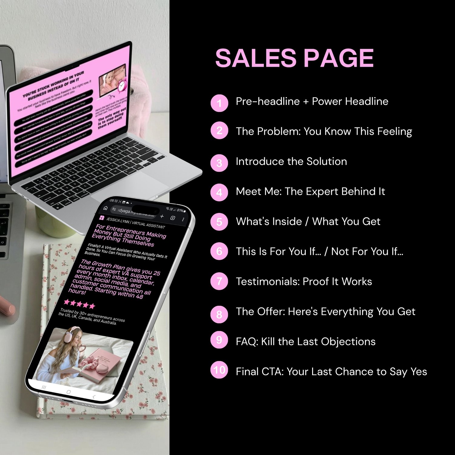 A smartphone displays a Canva design with pink and white text. The text reads "You're stuck working in your business instead of on it." Additional pages detail a growth plan and business advice. The overall theme is business and entrepreneurship.