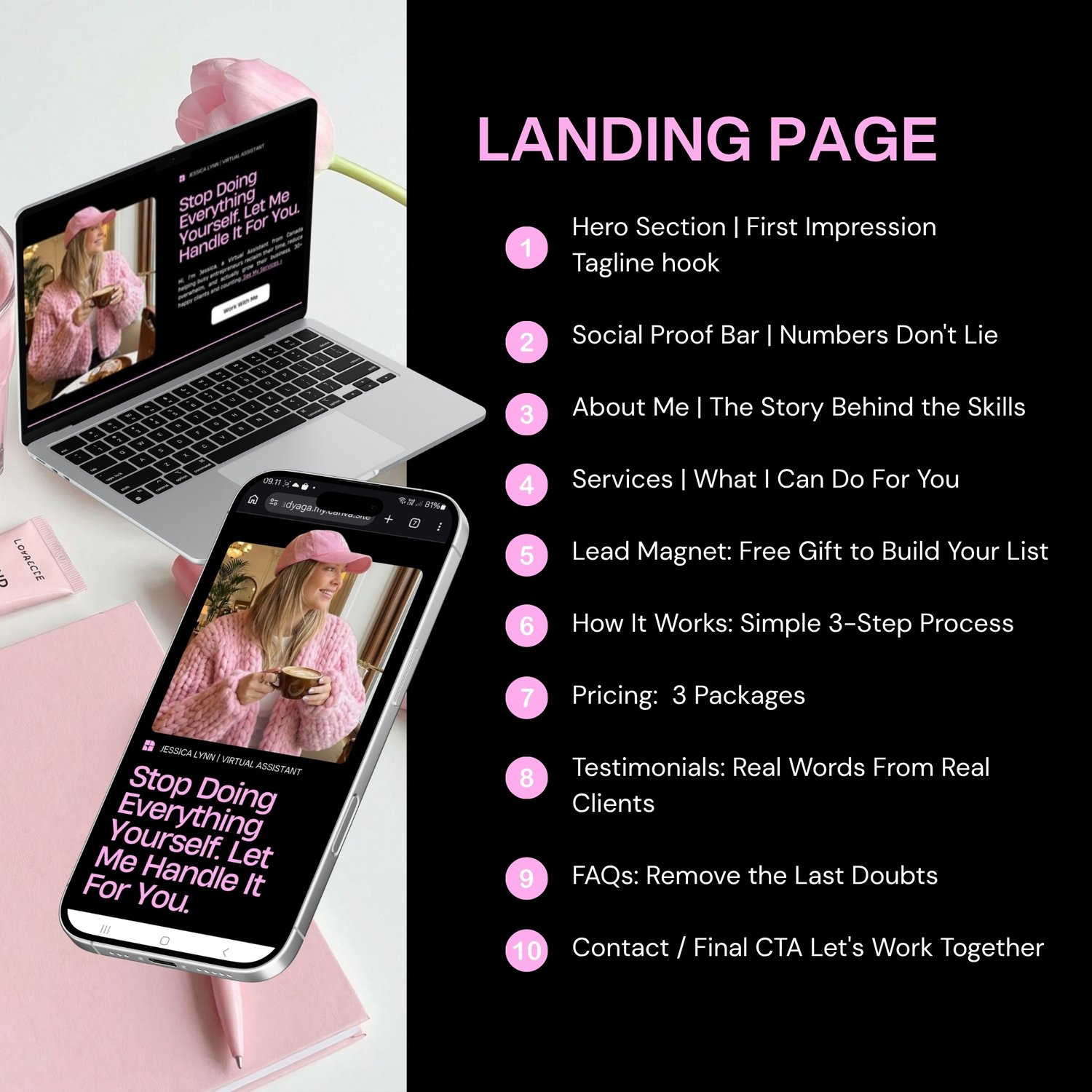 A smartphone displays a Canva design with pink and white text. The text reads "You're stuck working in your business instead of on it." Additional pages detail a growth plan and business advice. The overall theme is business and entrepreneurship.