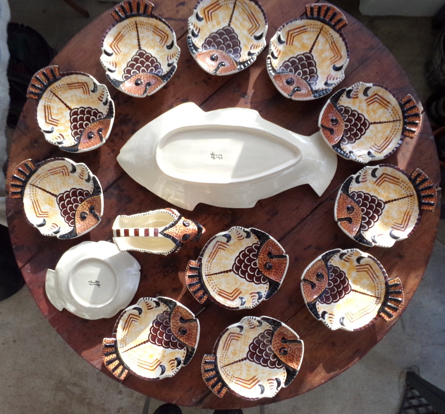 scarce Breton Mid-century earthenware fish dinner service by artist Paul Fouillen