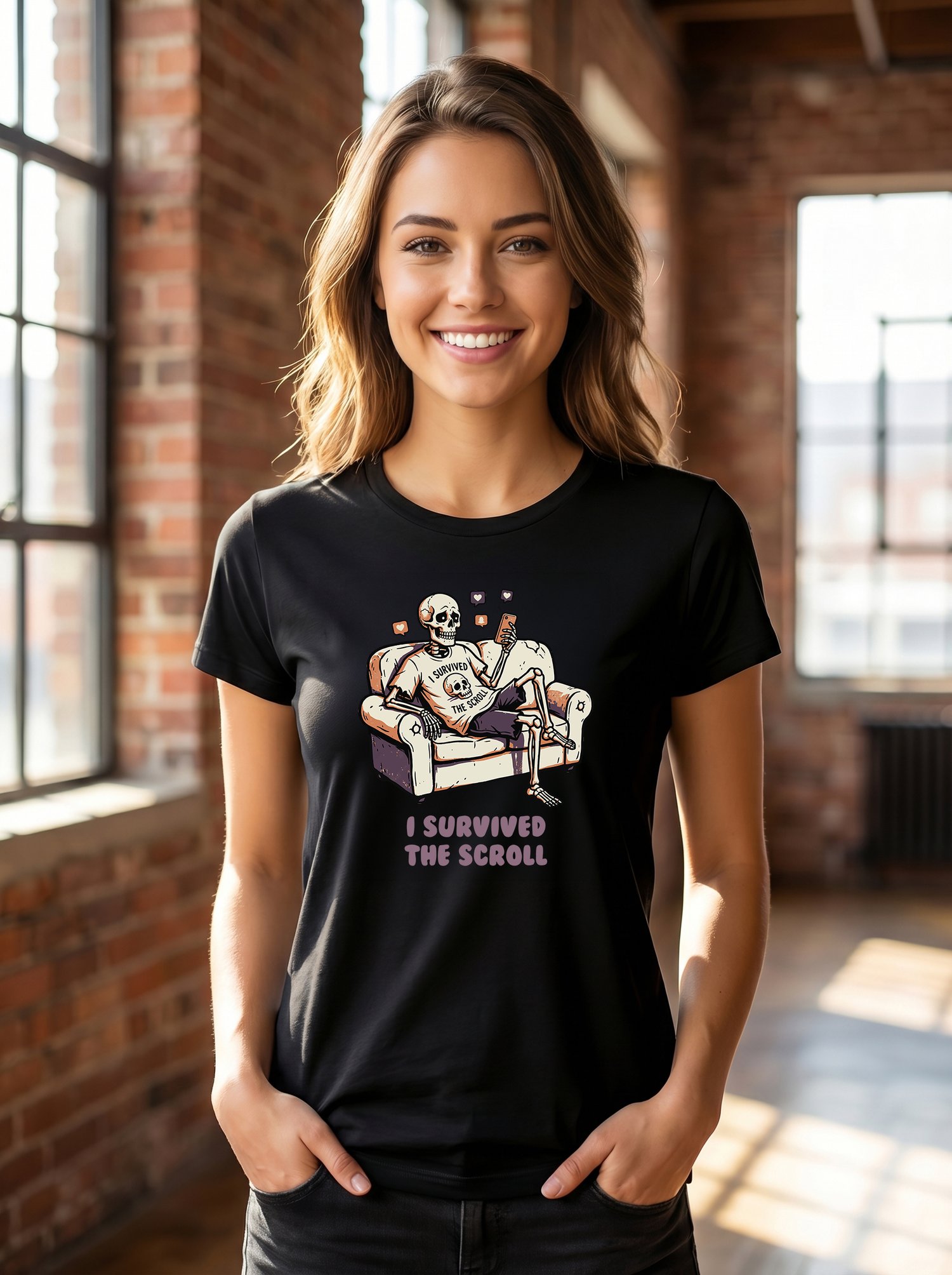 T-Shirt or POD Design - I Survived the Scroll – Lazy Skeleton Couch Graphic | Funny Doomscrolling