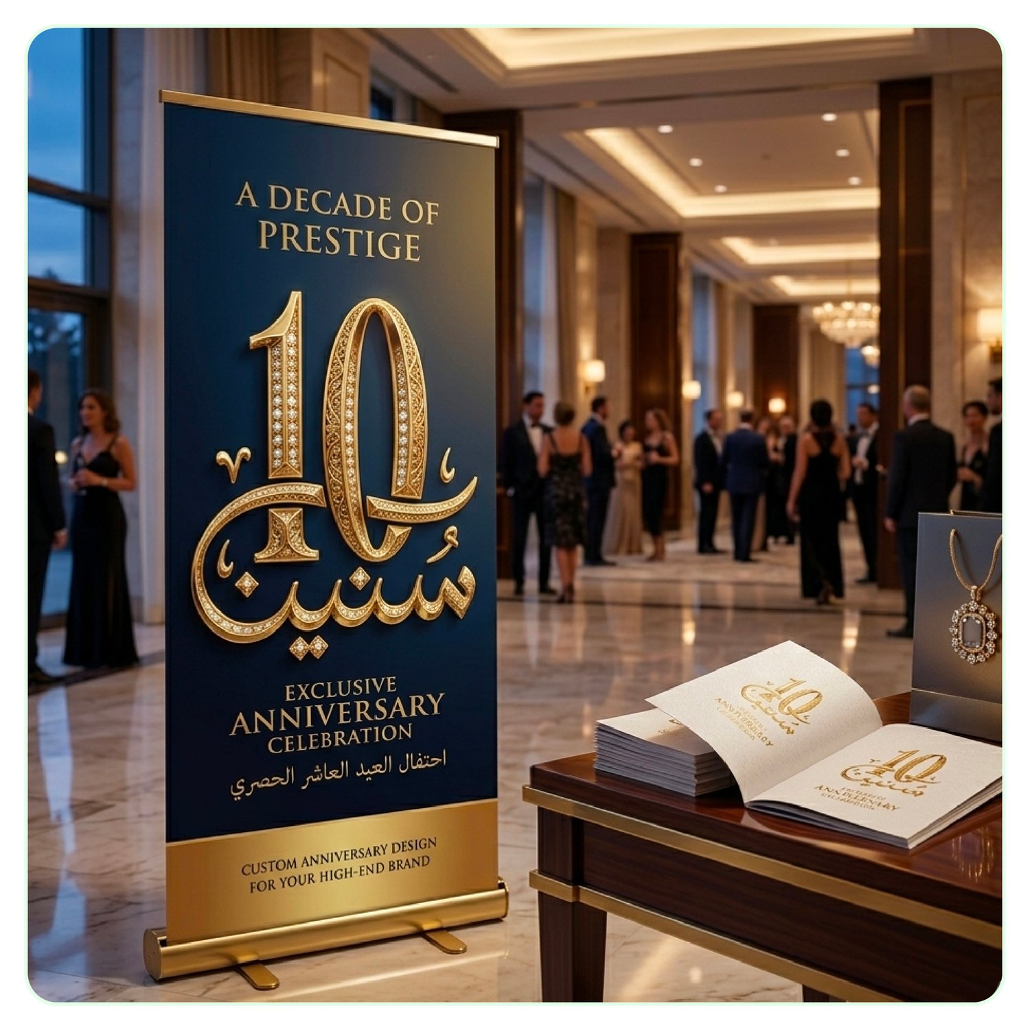 10th anniversary Arabic logo applied to roll up mockup for a big anniversary event.