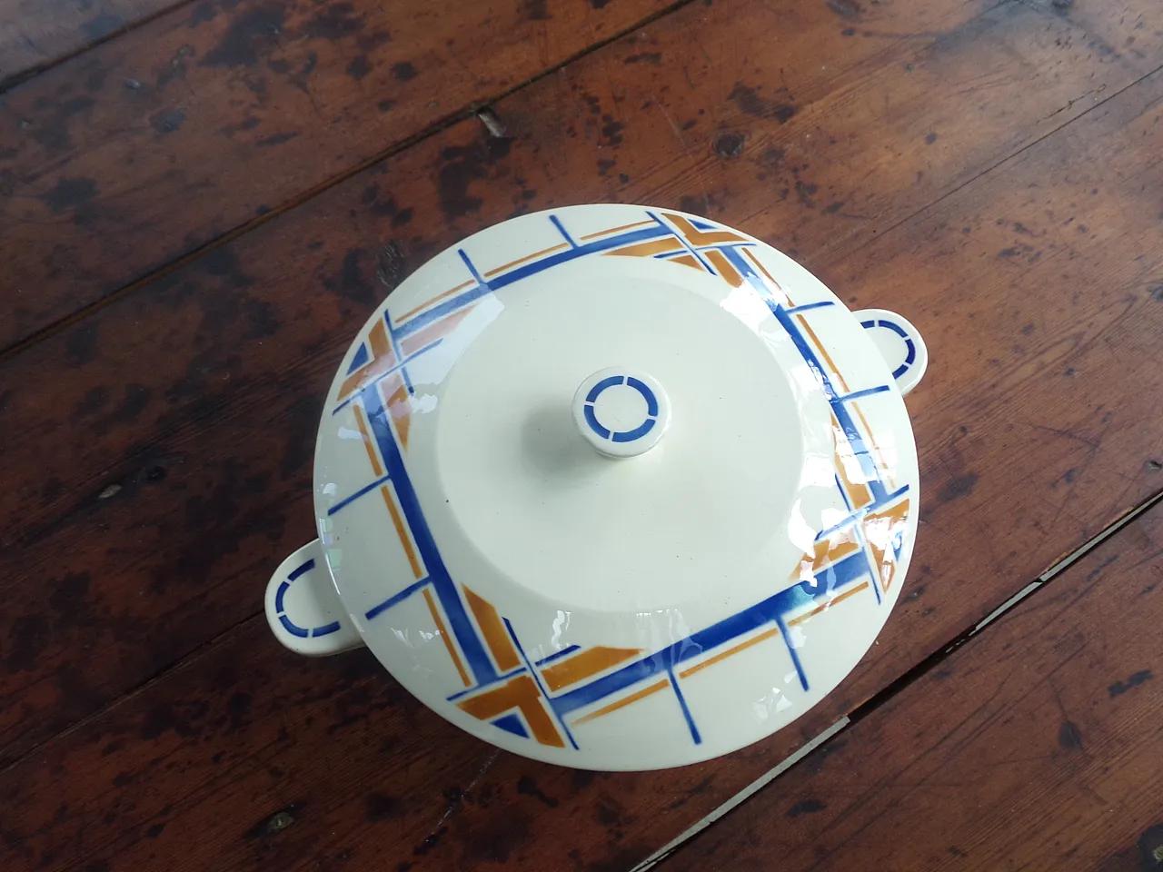 antique badonviller soup tureen orange blue stripes