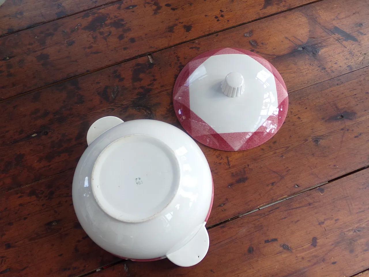 rare antique Badonviller soup tureen in pink and white