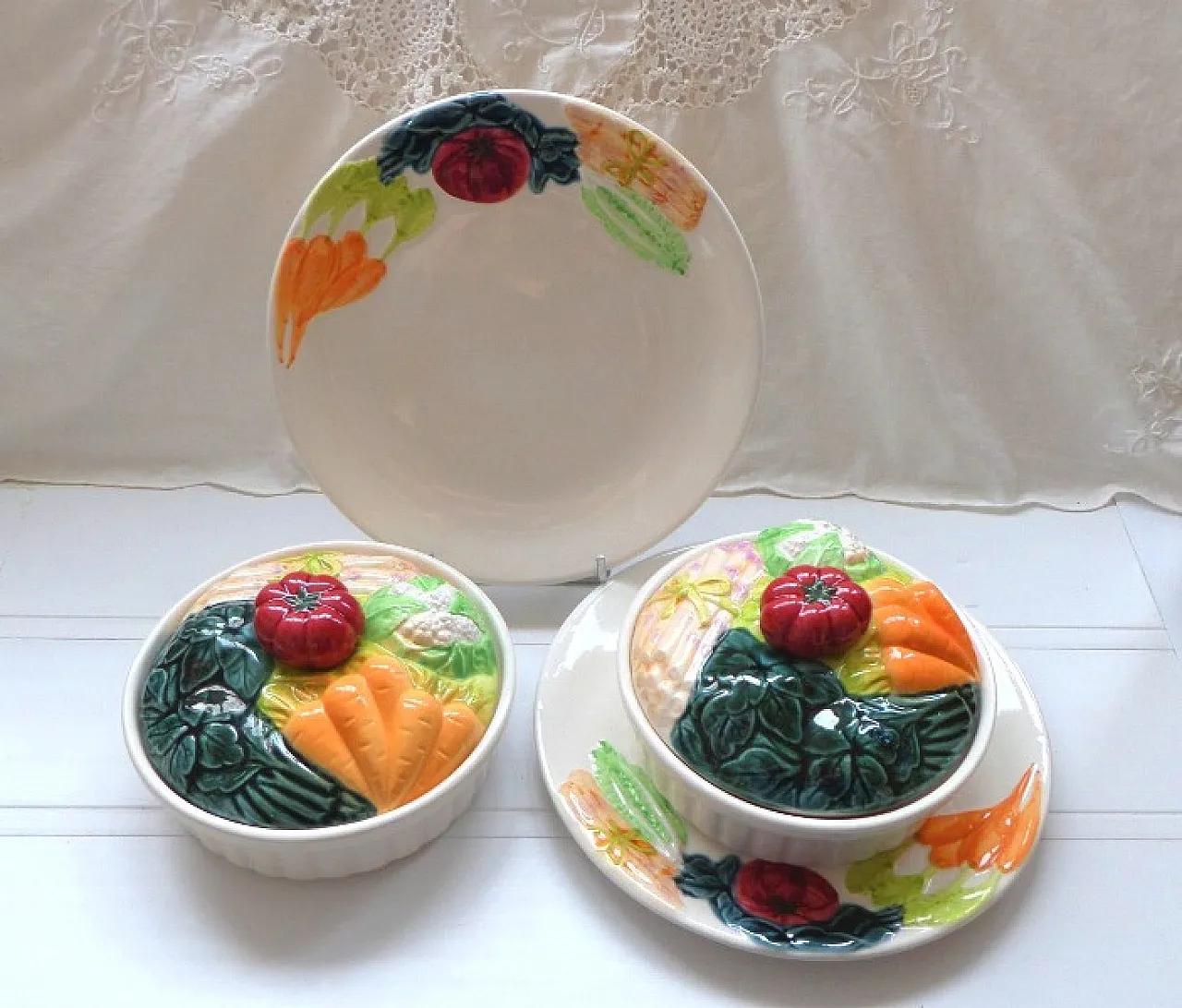 mid century soup tureen with plate barbotine vegetables signed caugant