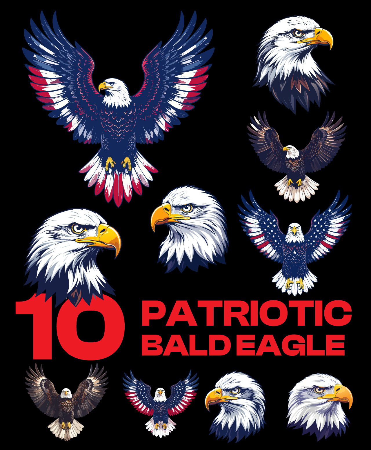 Patriotic Bald Eagle Vector Bundle – American Eagle Wings & Head USA Flag Style T-Shirt DesignsPatriotic Bald Eagle Vector Bundle – American Eagle Wings & Head USA Flag Style T-Shirt Designs